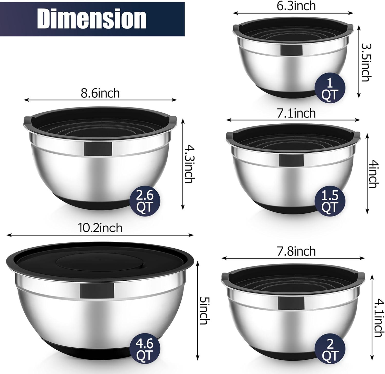 imageEfar Stainless Steel Mixing Bowls with Lids Set 5Piece Nesting Salad Bowls with 3 Grater Attachments and NonSlip Bottoms Size 46 26 2 15 1QT for Kitchen BlackBlack