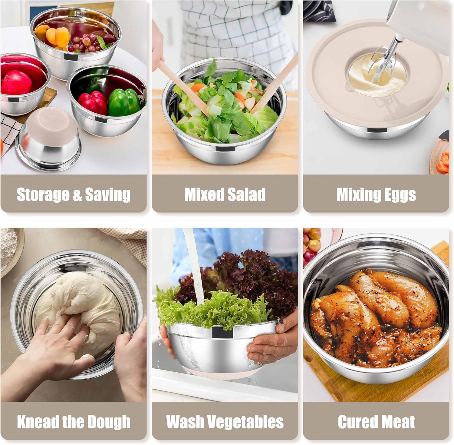 imageEfar Stainless Steel Mixing Bowls with Lids Set 5Piece Nesting Salad Bowls with 3 Grater Attachments and NonSlip Bottoms Size 46 26 2 15 1QT for Kitchen BlackKhaki