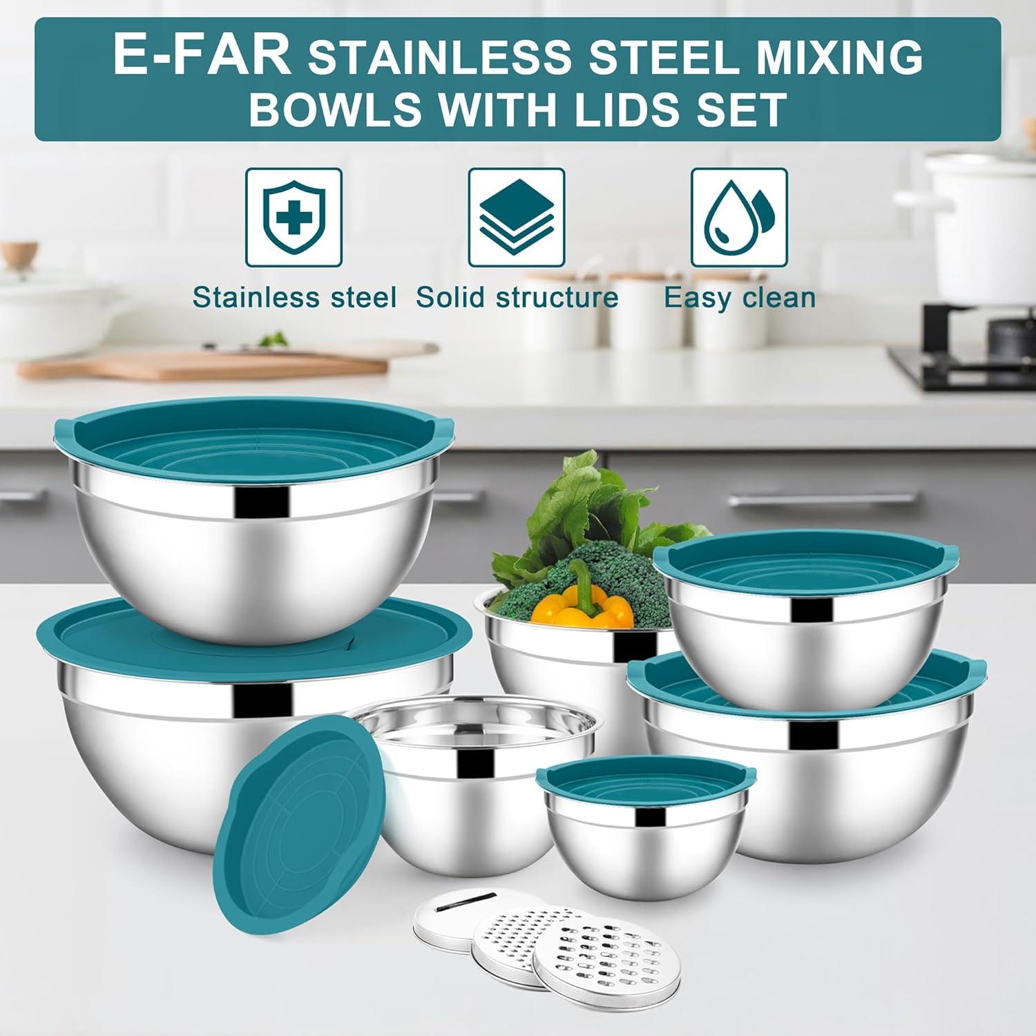 imageEfar Stainless Steel Mixing Bowls with Lids Set 5Piece Nesting Salad Bowls with 3 Grater Attachments and NonSlip Bottoms Size 46 26 2 15 1QT for Kitchen BlackBlue