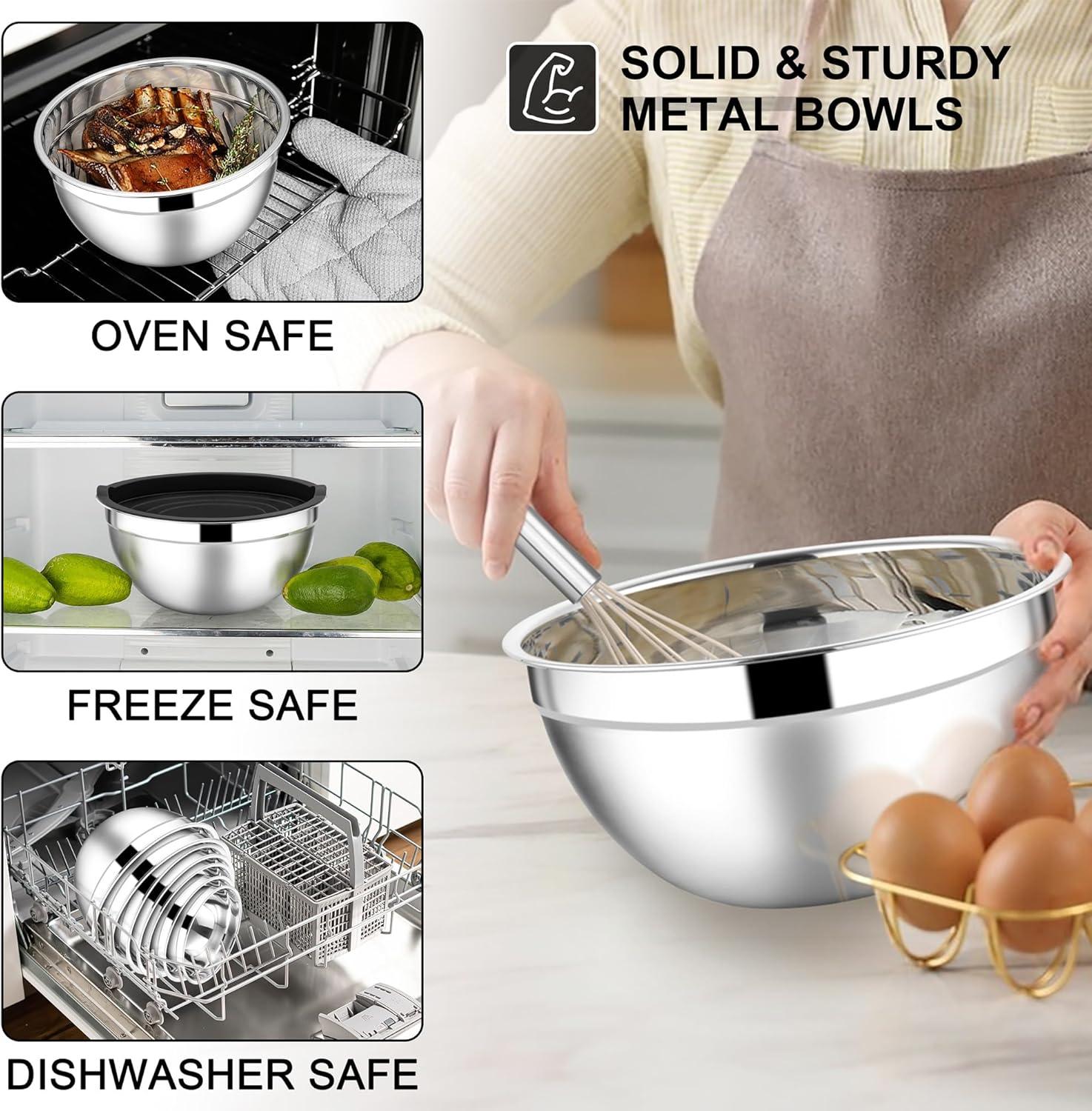 imageEfar Stainless Steel Mixing Bowls with Lids Set 5Piece Nesting Salad Bowls with 3 Grater Attachments and NonSlip Bottoms Size 46 26 2 15 1QT for Kitchen BlackBlack
