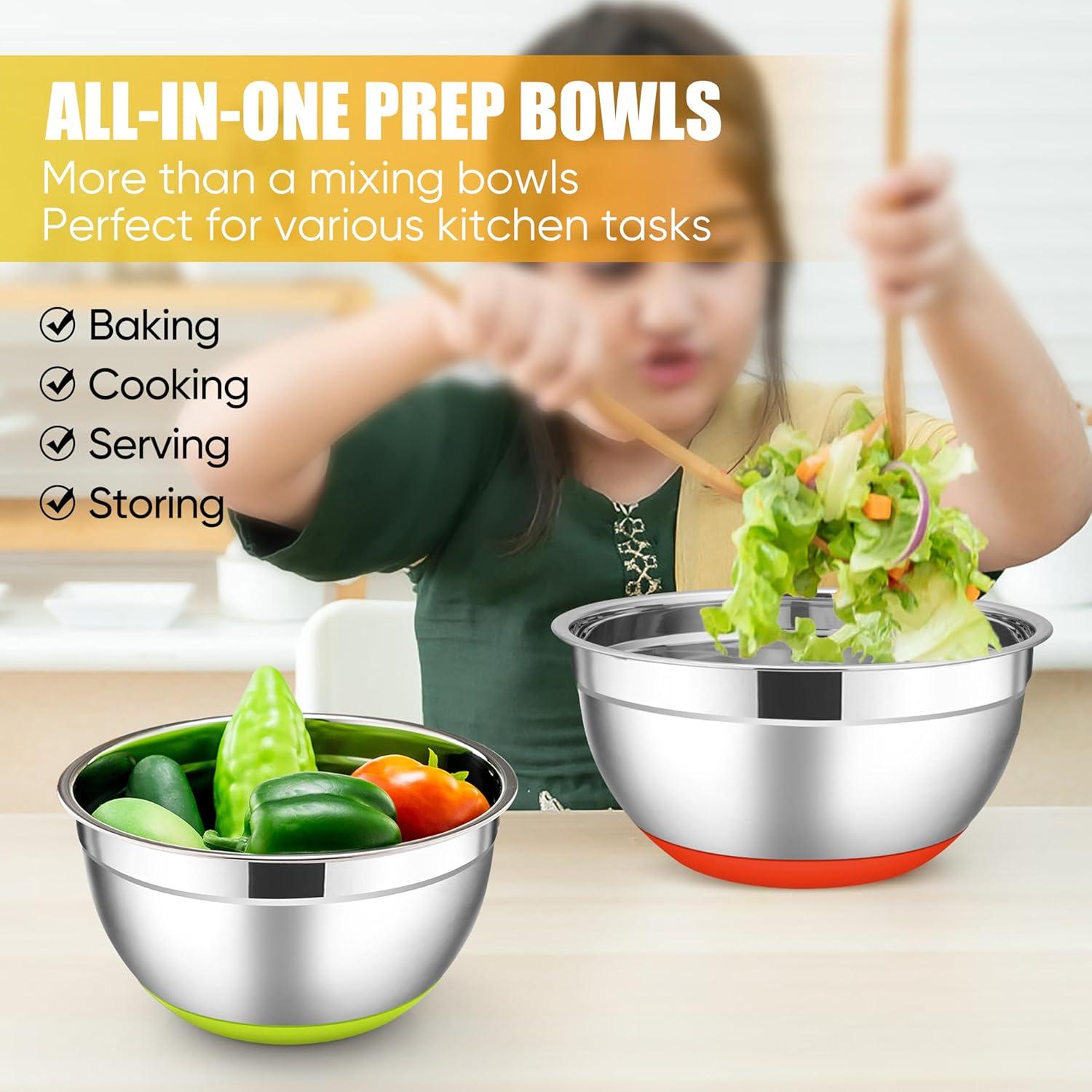 imageEfar Stainless Steel Mixing Bowls with Lids Set 5Piece Nesting Salad Bowls with 3 Grater Attachments and NonSlip Bottoms Size 46 26 2 15 1QT for Kitchen BlackColorful