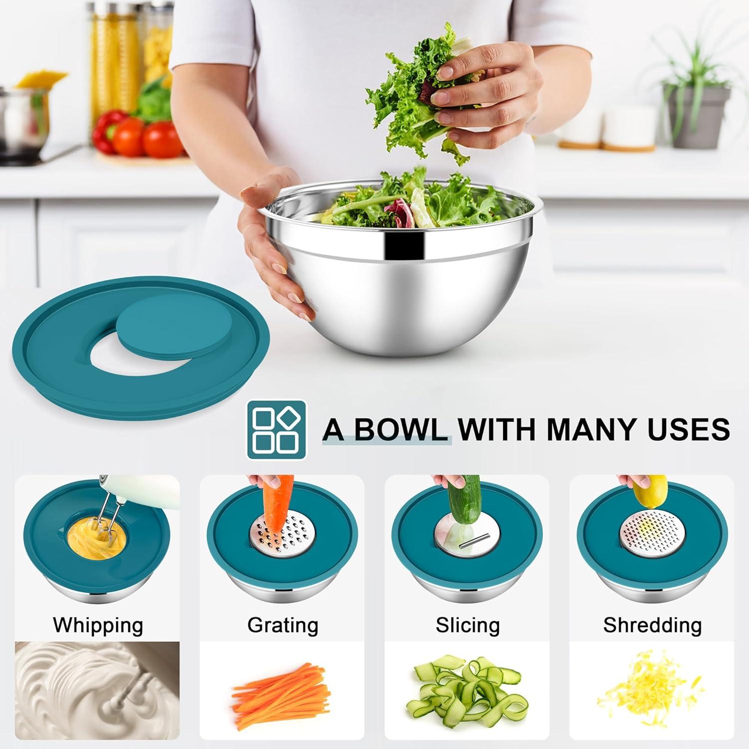 imageEfar Stainless Steel Mixing Bowls with Lids Set 5Piece Nesting Salad Bowls with 3 Grater Attachments and NonSlip Bottoms Size 46 26 2 15 1QT for Kitchen BlackBlue