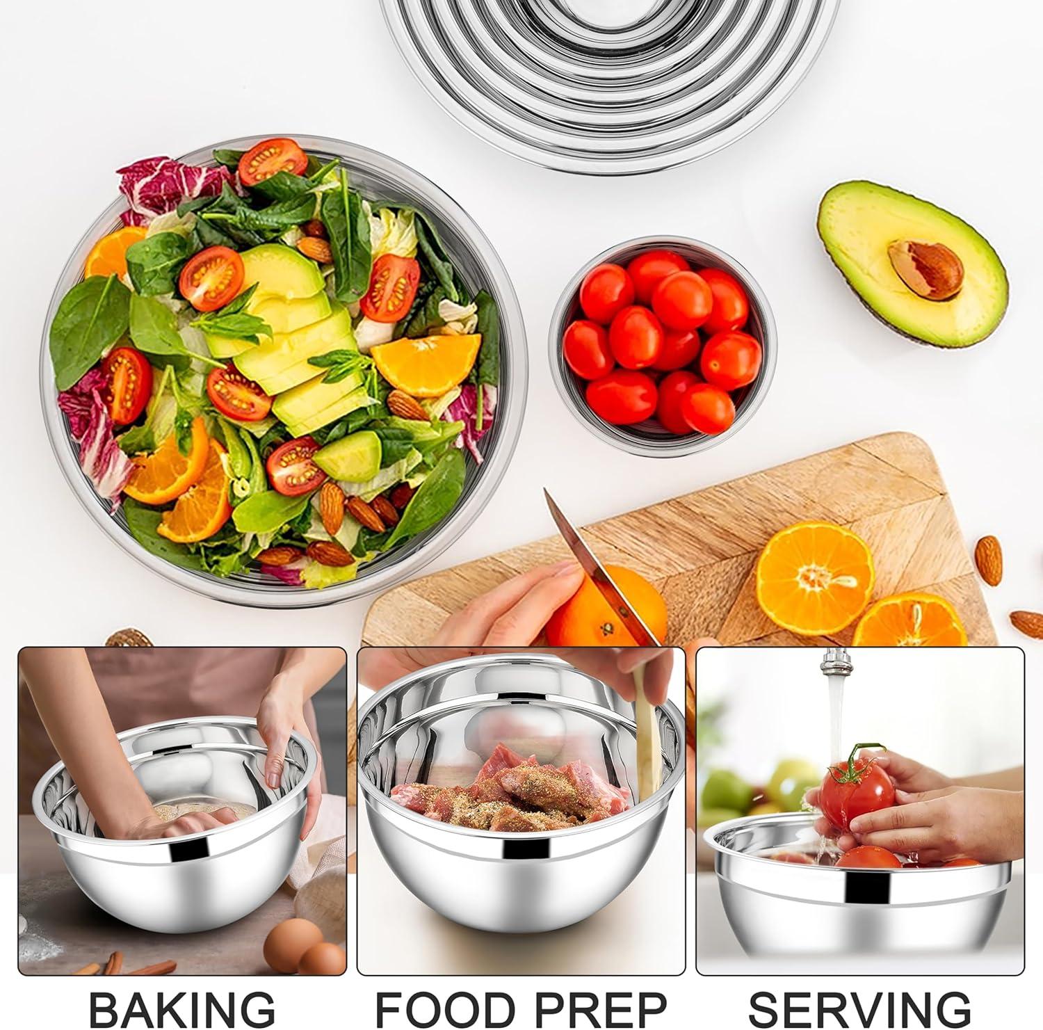 imageEfar Stainless Steel Mixing Bowls with Lids Set 5Piece Nesting Salad Bowls with 3 Grater Attachments and NonSlip Bottoms Size 46 26 2 15 1QT for Kitchen BlackBlack