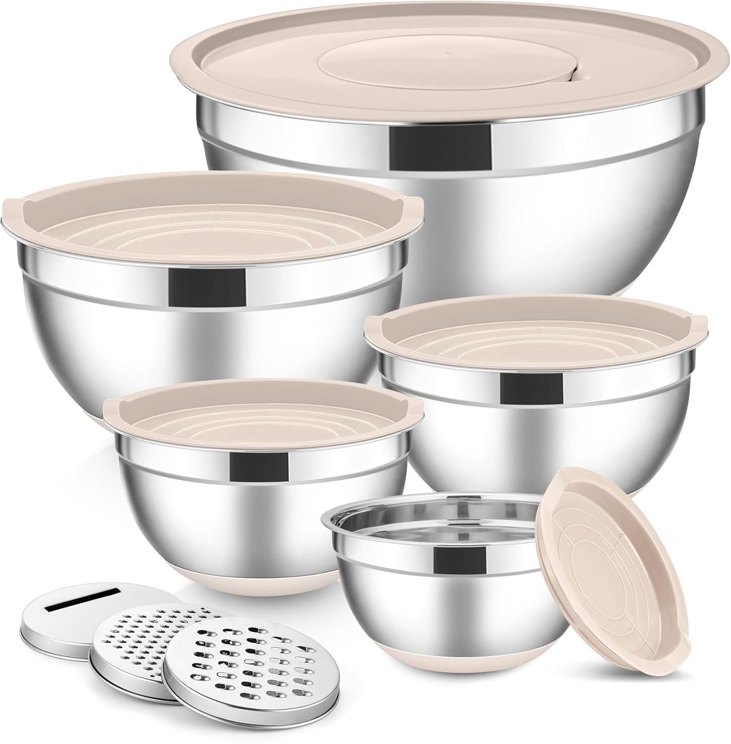 imageEfar Stainless Steel Mixing Bowls with Lids Set 5Piece Nesting Salad Bowls with 3 Grater Attachments and NonSlip Bottoms Size 46 26 2 15 1QT for Kitchen BlackKhaki