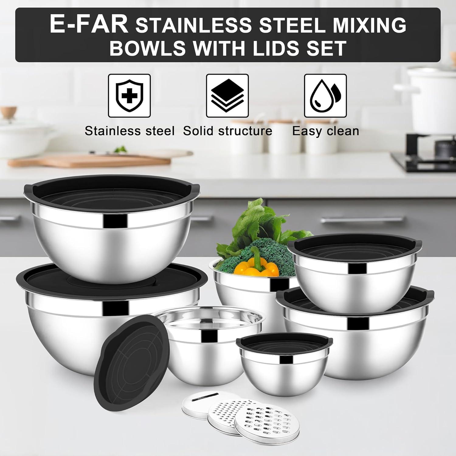 imageEfar Stainless Steel Mixing Bowls with Lids Set 5Piece Nesting Salad Bowls with 3 Grater Attachments and NonSlip Bottoms Size 46 26 2 15 1QT for Kitchen BlackBlack