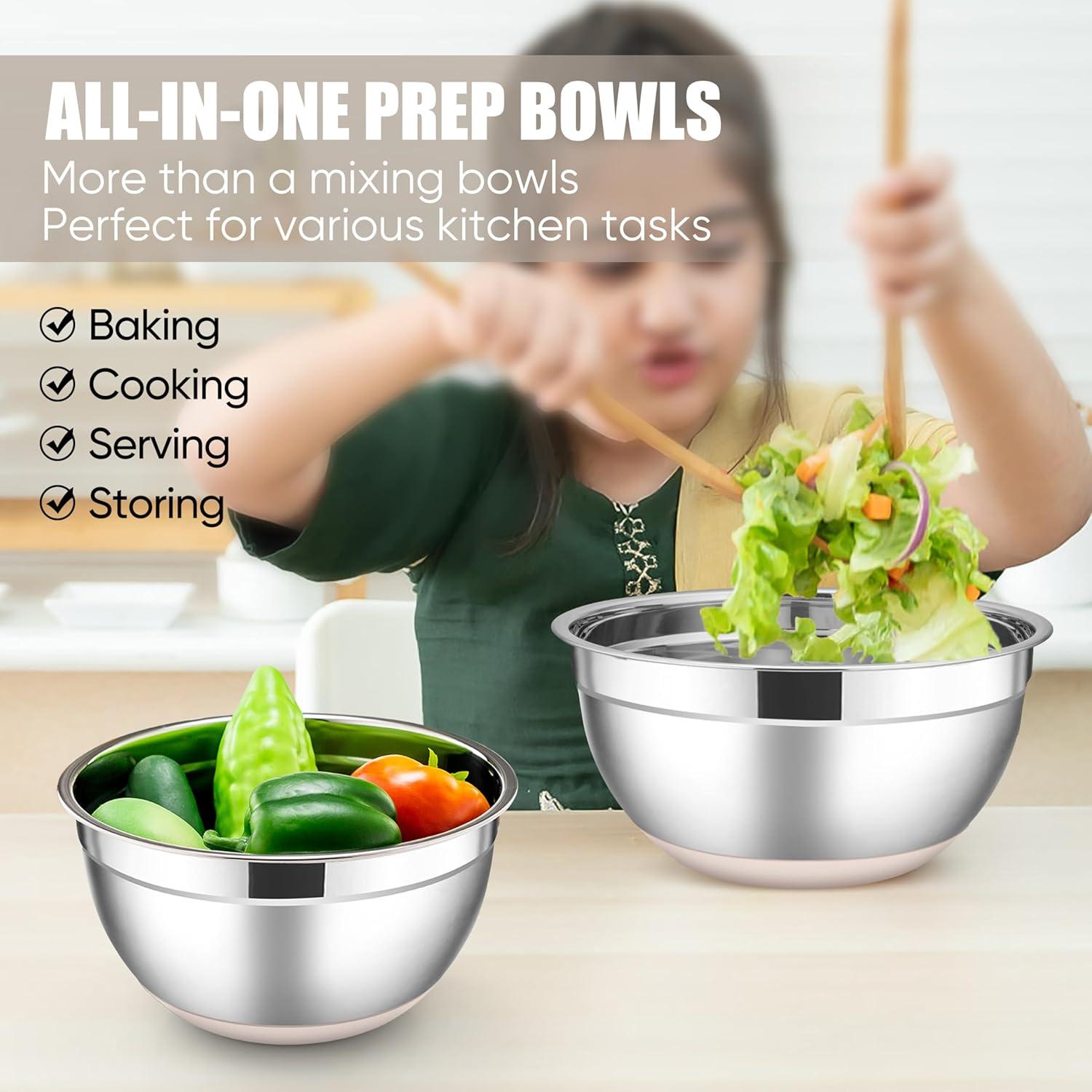 imageEfar Stainless Steel Mixing Bowls with Lids Set 5Piece Nesting Salad Bowls with 3 Grater Attachments and NonSlip Bottoms Size 46 26 2 15 1QT for Kitchen BlackKhaki