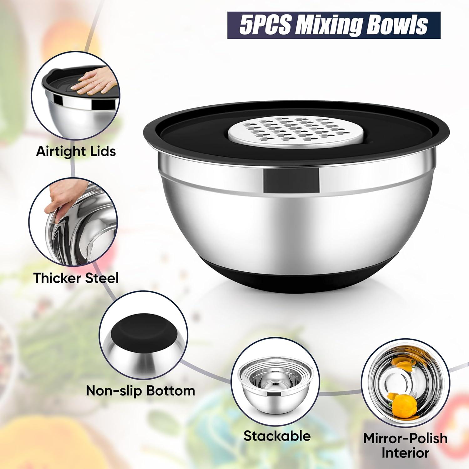 imageEfar Stainless Steel Mixing Bowls with Lids Set 5Piece Nesting Salad Bowls with 3 Grater Attachments and NonSlip Bottoms Size 46 26 2 15 1QT for Kitchen BlackBlack