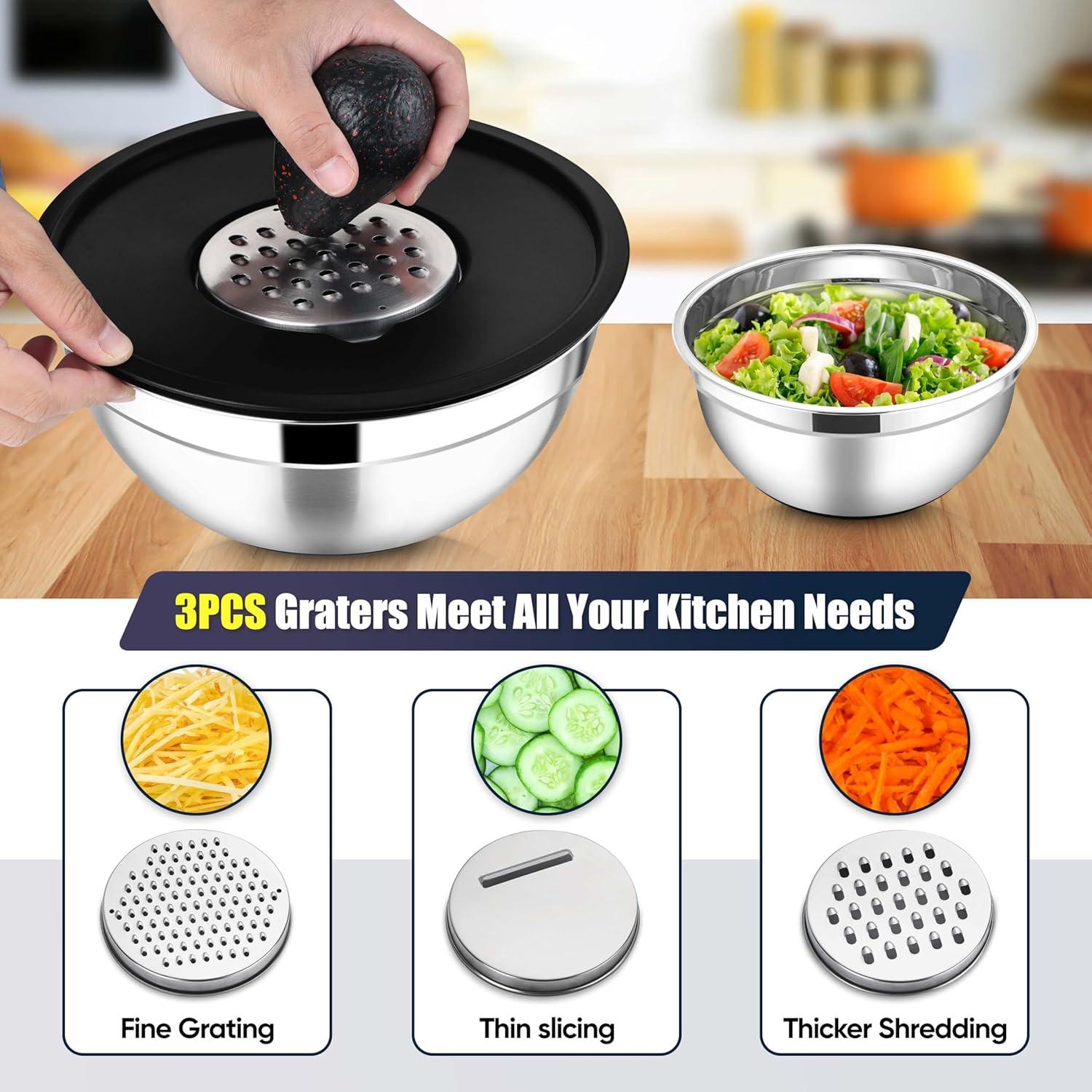 imageEfar Stainless Steel Mixing Bowls with Lids Set 5Piece Nesting Salad Bowls with 3 Grater Attachments and NonSlip Bottoms Size 46 26 2 15 1QT for Kitchen BlackBlack