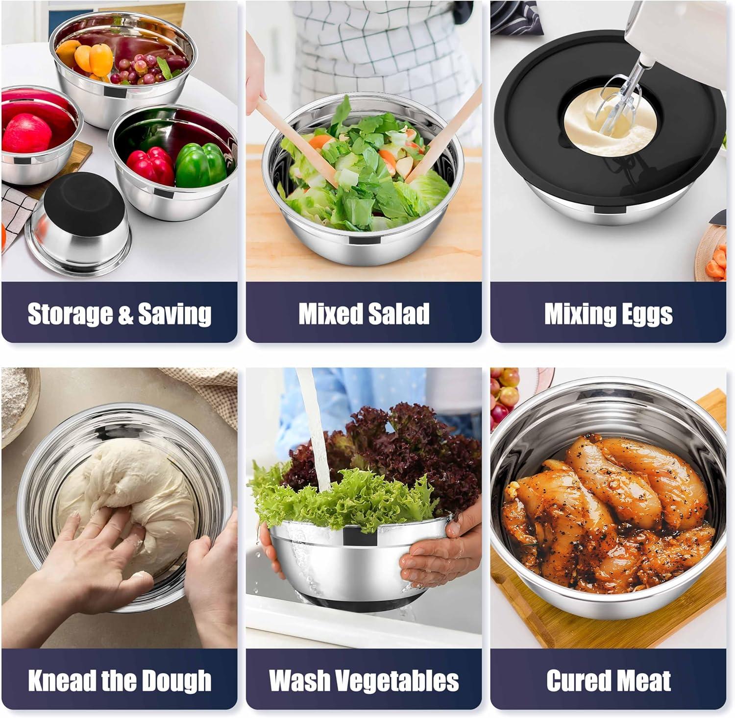 imageEfar Stainless Steel Mixing Bowls with Lids Set 5Piece Nesting Salad Bowls with 3 Grater Attachments and NonSlip Bottoms Size 46 26 2 15 1QT for Kitchen BlackBlack