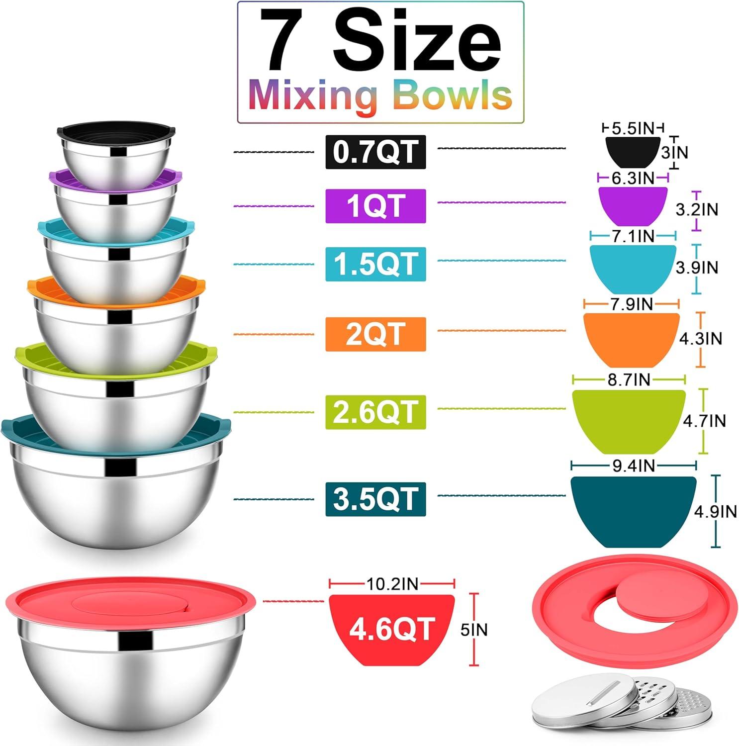 imageEfar Stainless Steel Mixing Bowls with Lids Set 5Piece Nesting Salad Bowls with 3 Grater Attachments and NonSlip Bottoms Size 46 26 2 15 1QT for Kitchen BlackColorful
