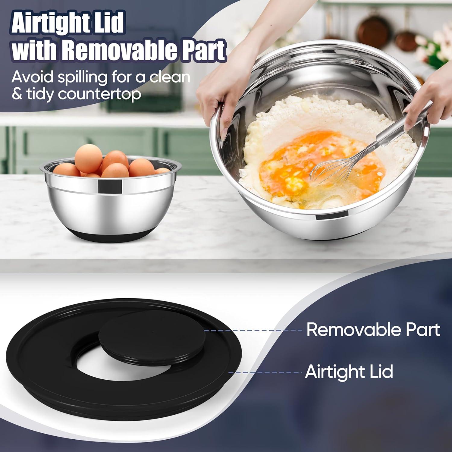 imageEfar Stainless Steel Mixing Bowls with Lids Set 5Piece Nesting Salad Bowls with 3 Grater Attachments and NonSlip Bottoms Size 46 26 2 15 1QT for Kitchen BlackBlack