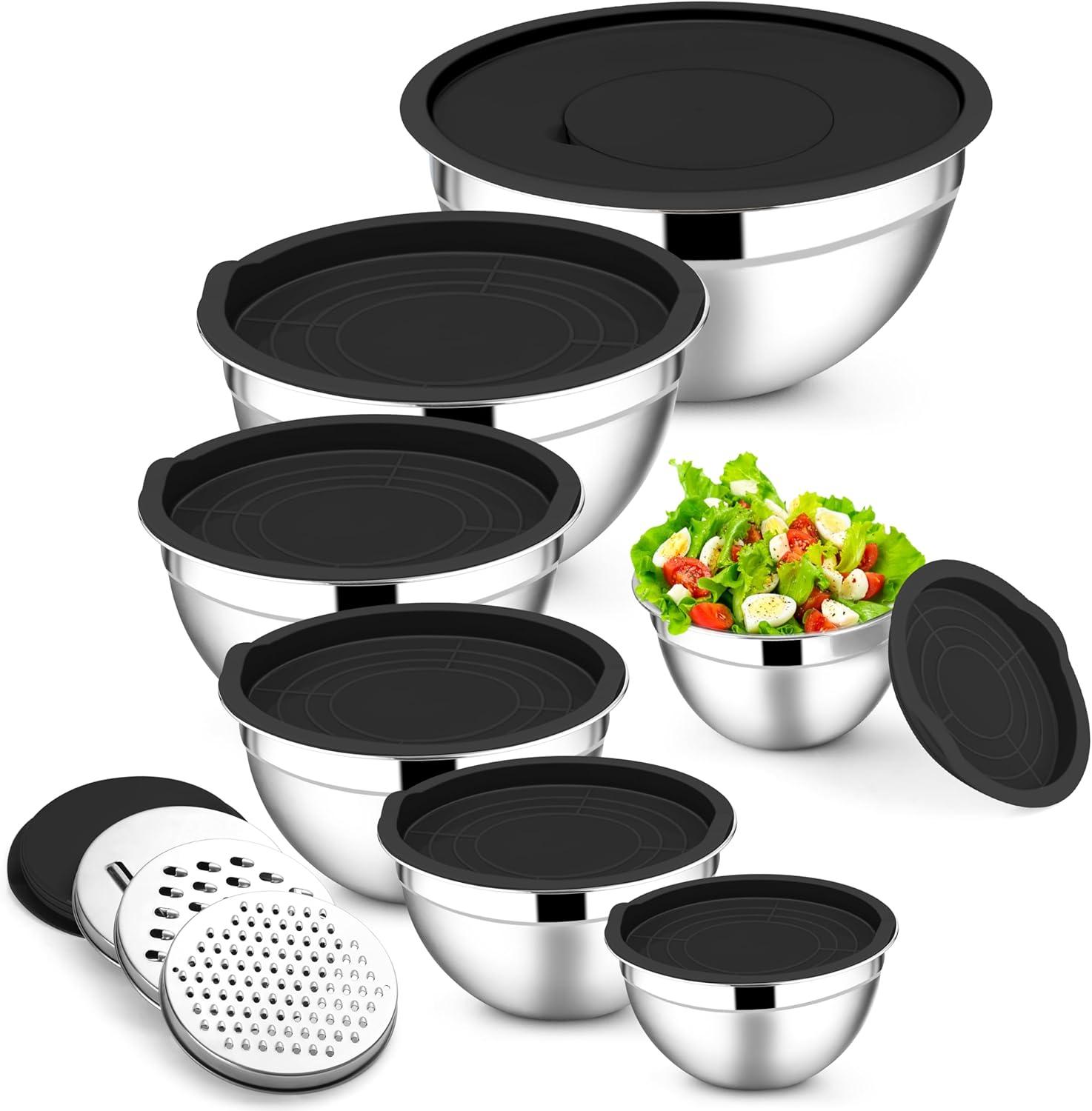imageEfar Stainless Steel Mixing Bowls with Lids Set 5Piece Nesting Salad Bowls with 3 Grater Attachments and NonSlip Bottoms Size 46 26 2 15 1QT for Kitchen BlackBlack
