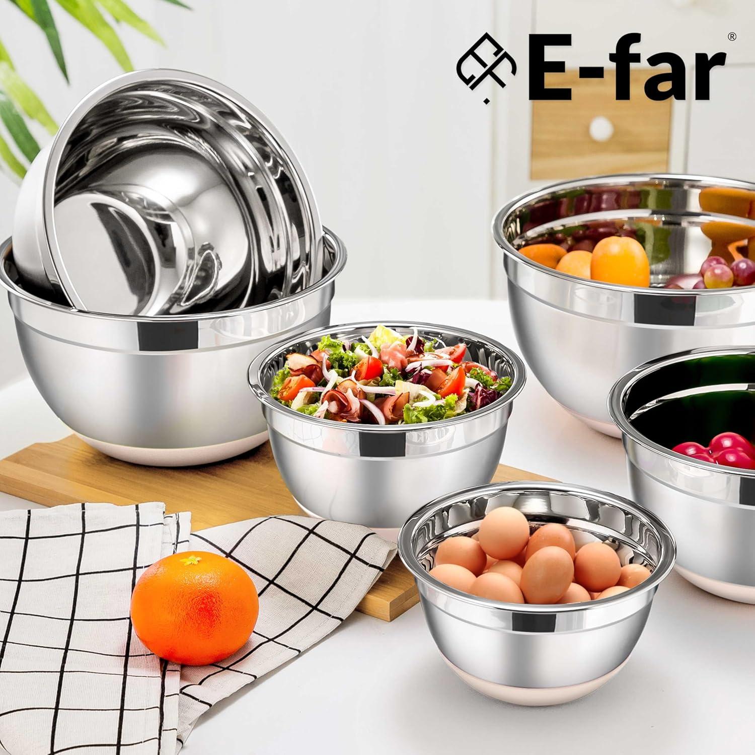 imageEfar Stainless Steel Mixing Bowls with Lids Set 5Piece Nesting Salad Bowls with 3 Grater Attachments and NonSlip Bottoms Size 46 26 2 15 1QT for Kitchen BlackKhaki