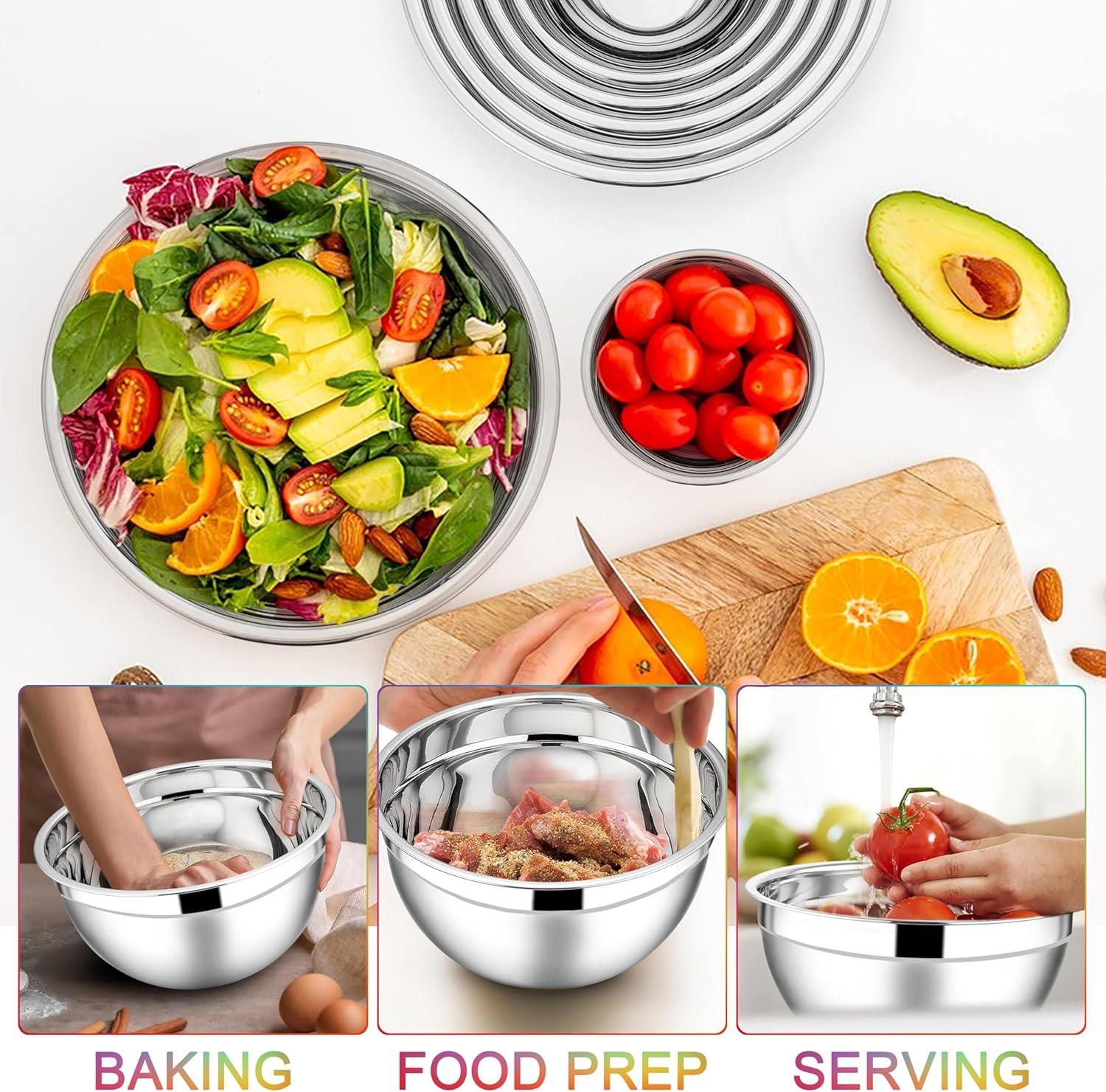 imageEfar Stainless Steel Mixing Bowls with Lids Set 5Piece Nesting Salad Bowls with 3 Grater Attachments and NonSlip Bottoms Size 46 26 2 15 1QT for Kitchen BlackColorful