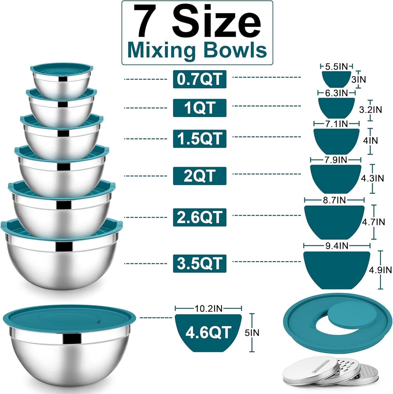 imageEfar Stainless Steel Mixing Bowls with Lids Set 5Piece Nesting Salad Bowls with 3 Grater Attachments and NonSlip Bottoms Size 46 26 2 15 1QT for Kitchen BlackBlue