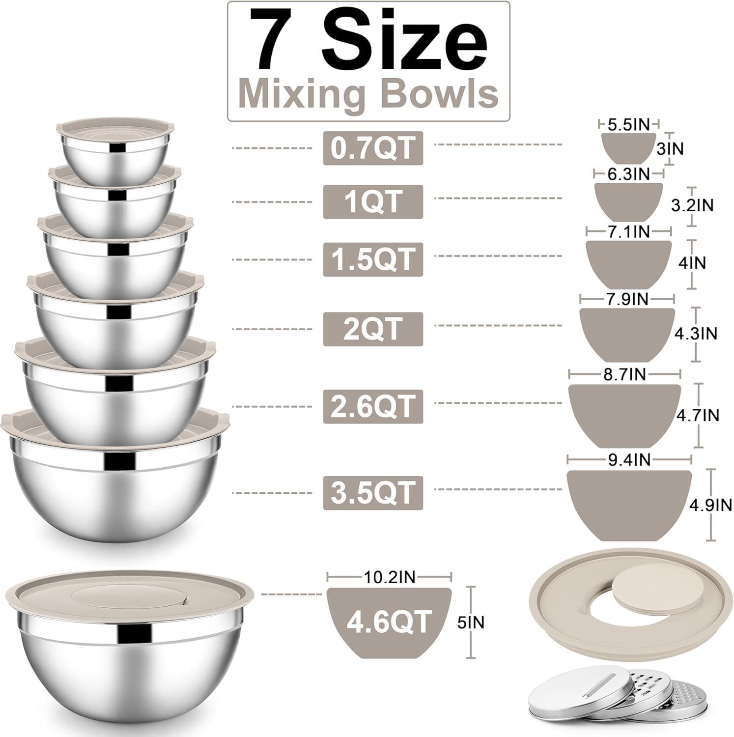 imageEfar Stainless Steel Mixing Bowls with Lids Set 5Piece Nesting Salad Bowls with 3 Grater Attachments and NonSlip Bottoms Size 46 26 2 15 1QT for Kitchen BlackKhaki