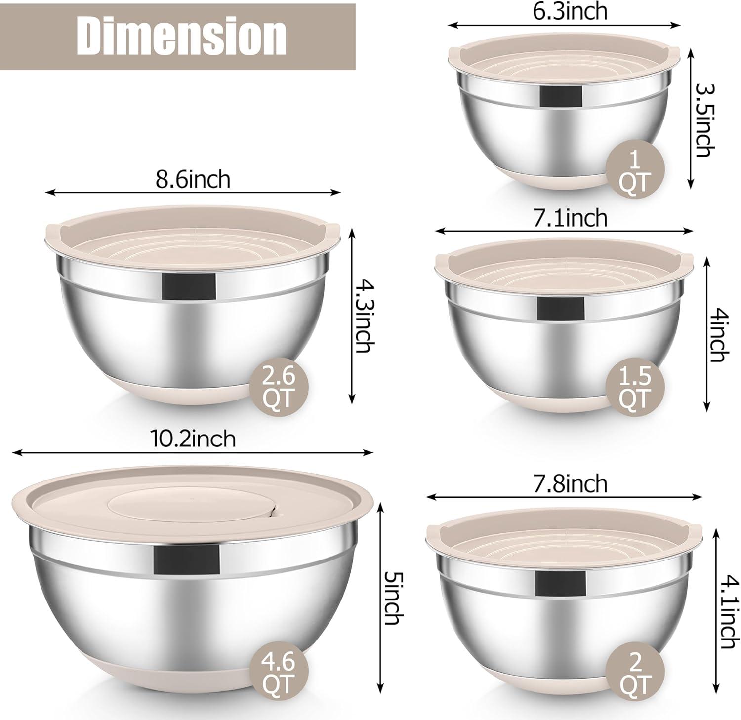 imageEfar Stainless Steel Mixing Bowls with Lids Set 5Piece Nesting Salad Bowls with 3 Grater Attachments and NonSlip Bottoms Size 46 26 2 15 1QT for Kitchen BlackKhaki