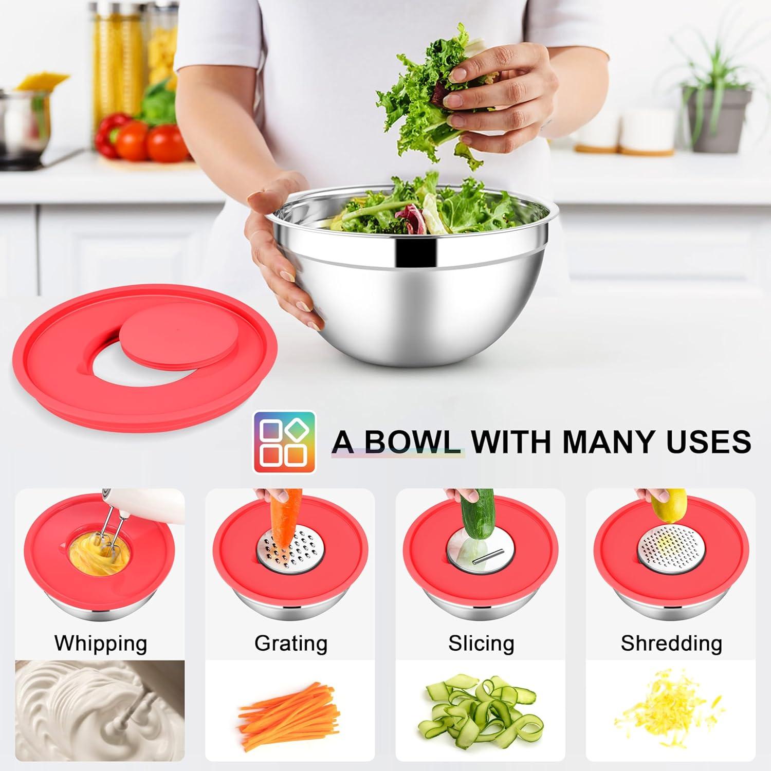 imageEfar Stainless Steel Mixing Bowls with Lids Set 5Piece Nesting Salad Bowls with 3 Grater Attachments and NonSlip Bottoms Size 46 26 2 15 1QT for Kitchen BlackColorful