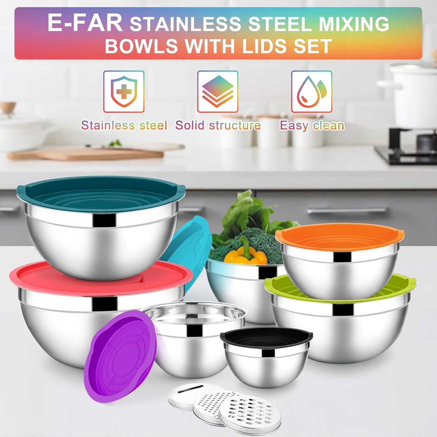 imageEfar Stainless Steel Mixing Bowls with Lids Set 5Piece Nesting Salad Bowls with 3 Grater Attachments and NonSlip Bottoms Size 46 26 2 15 1QT for Kitchen BlackColorful