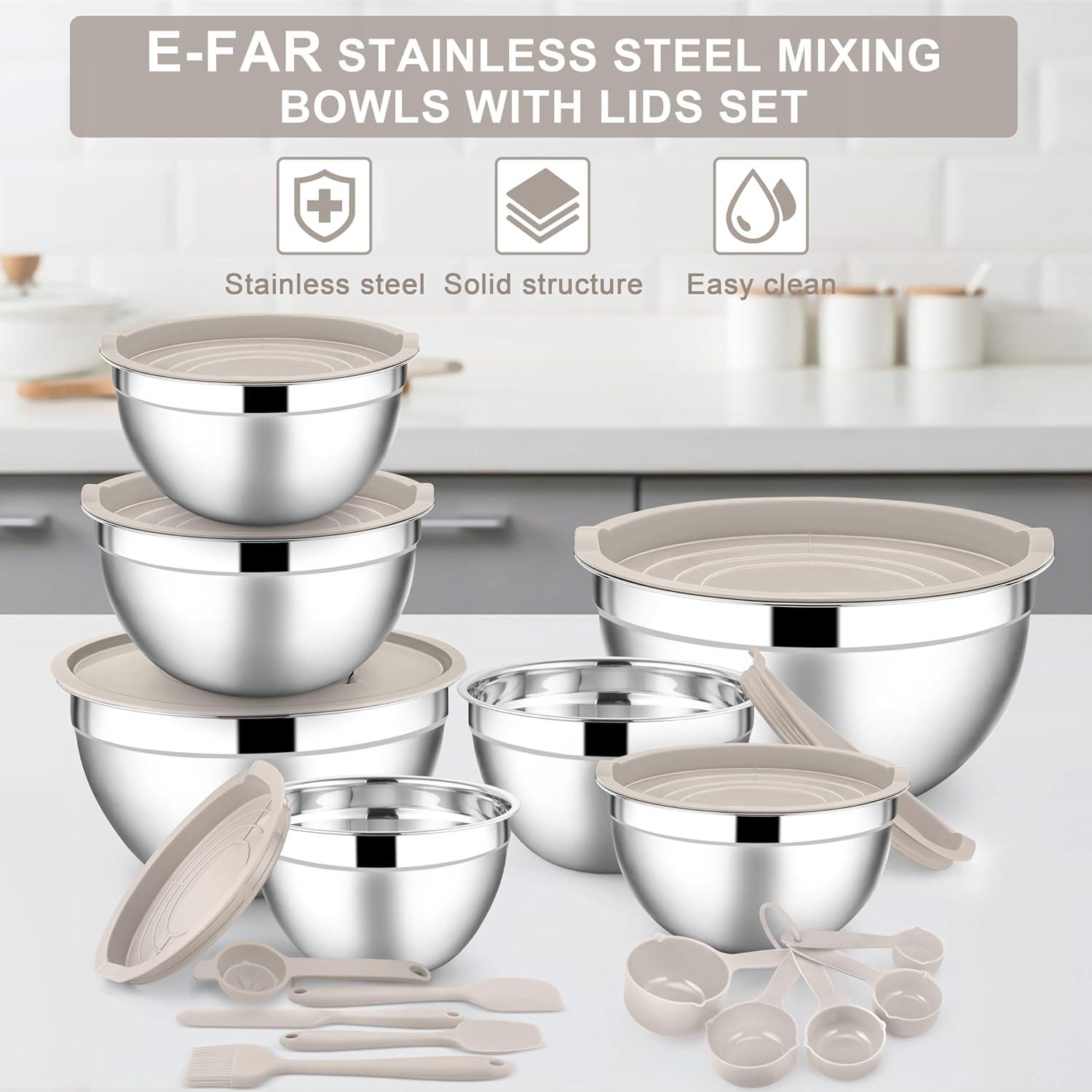 imageEfar Stainless Steel Mixing Bowls with Lids Set 5Piece Nesting Salad Bowls with 3 Grater Attachments and NonSlip Bottoms Size 46 26 2 15 1QT for Kitchen BlackKhaki