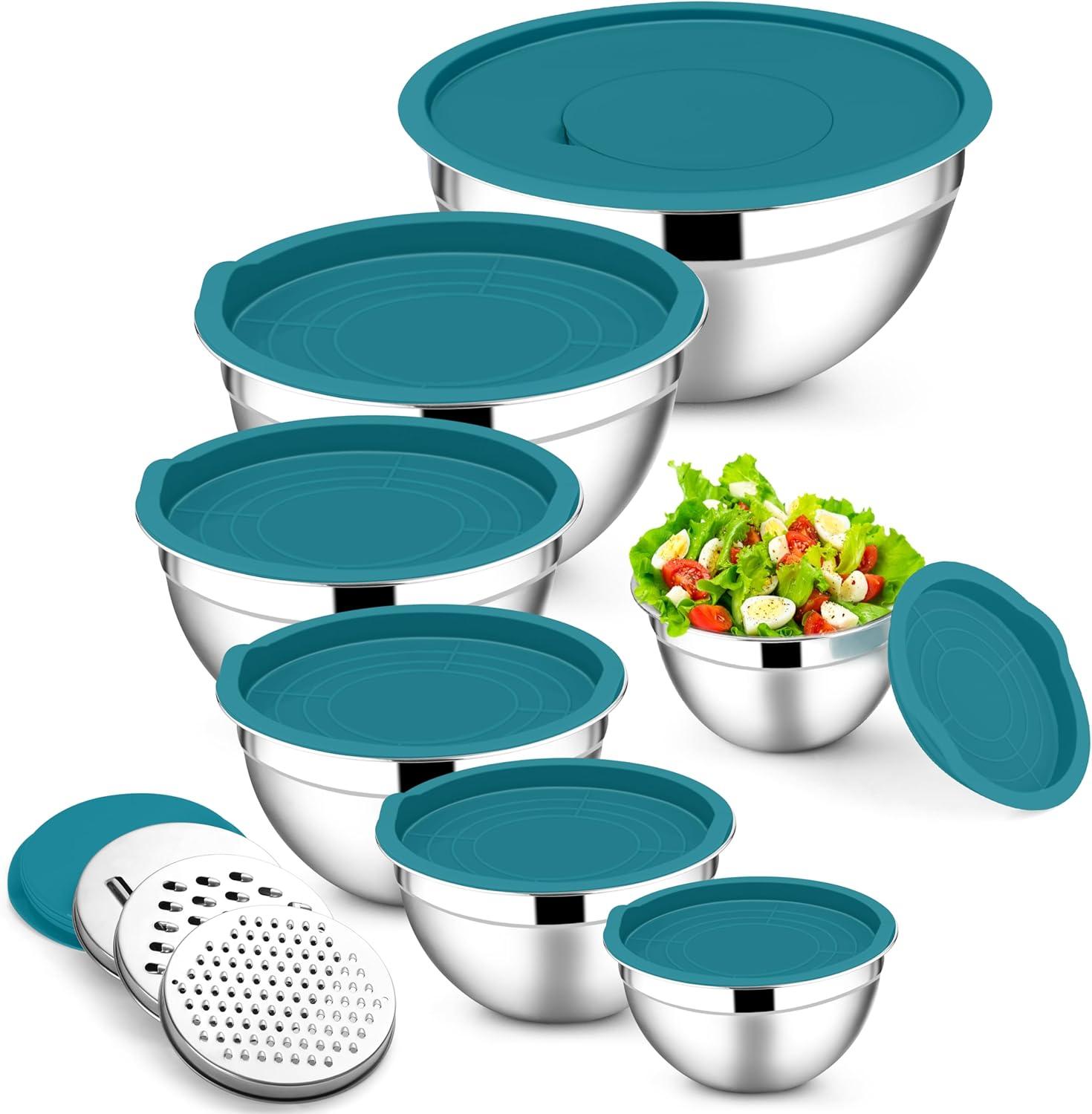 imageEfar Stainless Steel Mixing Bowls with Lids Set 5Piece Nesting Salad Bowls with 3 Grater Attachments and NonSlip Bottoms Size 46 26 2 15 1QT for Kitchen BlackBlue