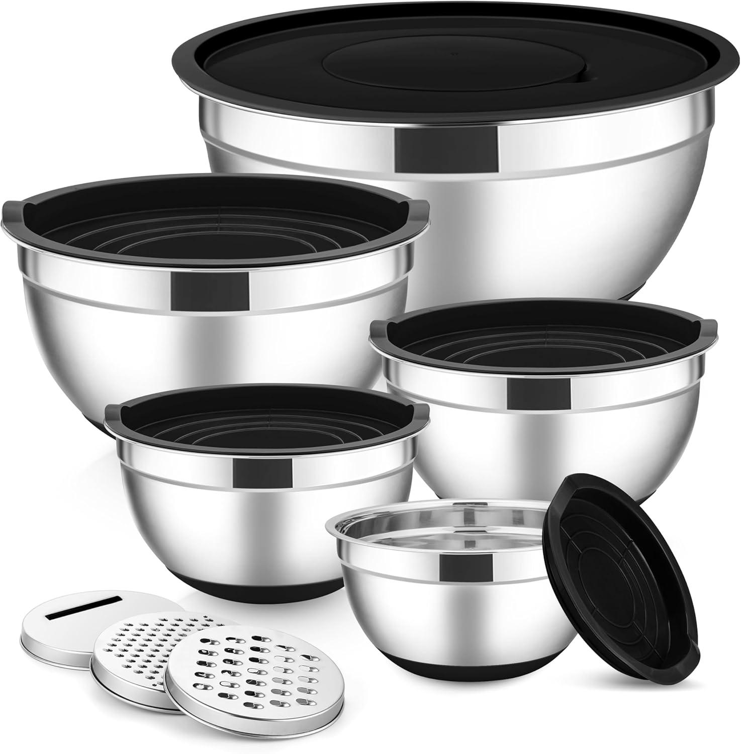 imageEfar Stainless Steel Mixing Bowls with Lids Set 5Piece Nesting Salad Bowls with 3 Grater Attachments and NonSlip Bottoms Size 46 26 2 15 1QT for Kitchen BlackBlack