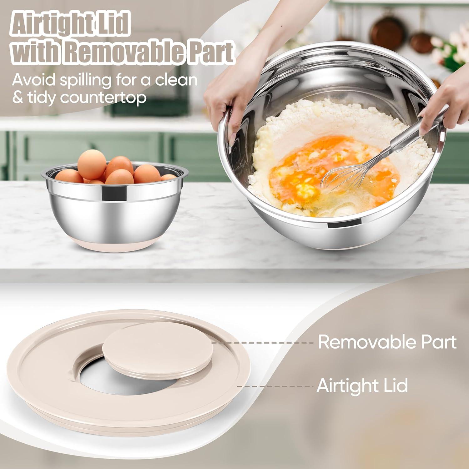 imageEfar Stainless Steel Mixing Bowls with Lids Set 5Piece Nesting Salad Bowls with 3 Grater Attachments and NonSlip Bottoms Size 46 26 2 15 1QT for Kitchen BlackKhaki