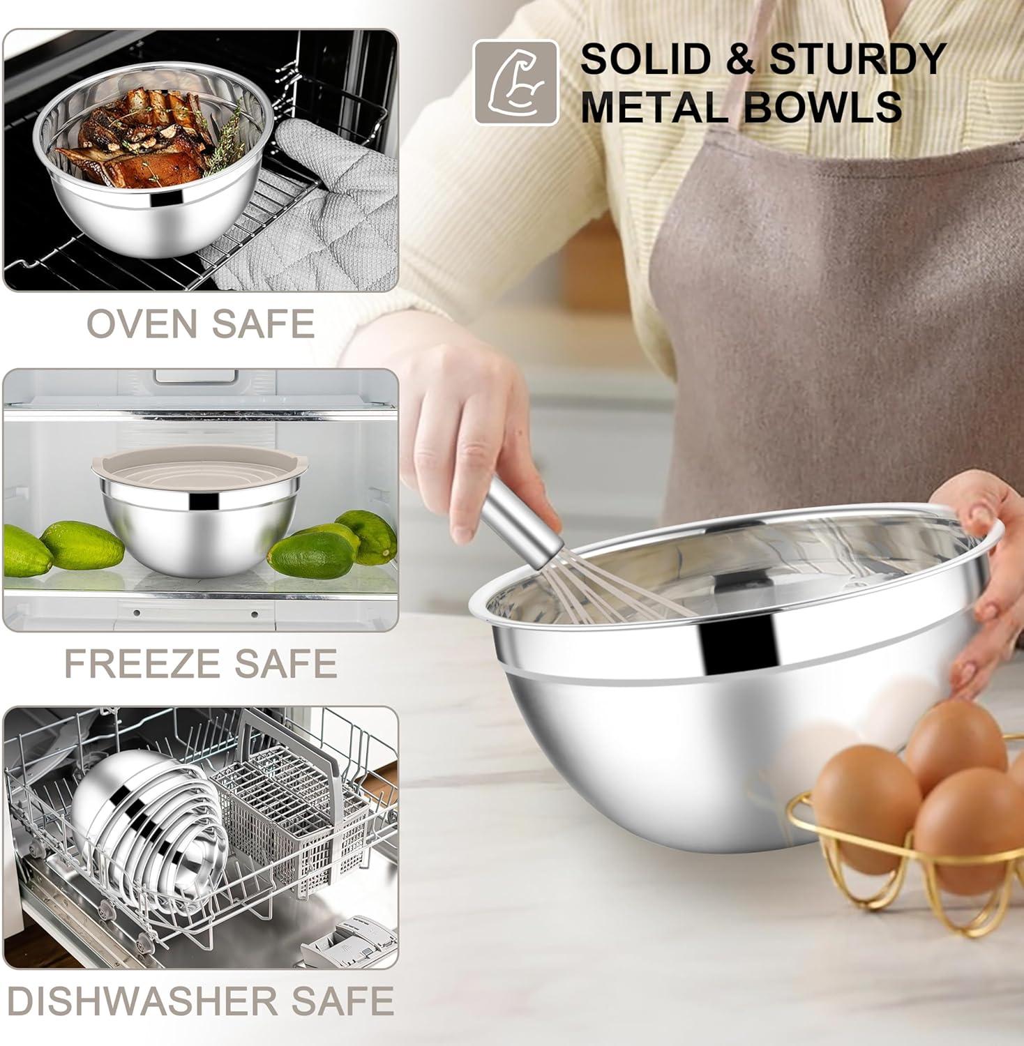 imageEfar Stainless Steel Mixing Bowls with Lids Set 5Piece Nesting Salad Bowls with 3 Grater Attachments and NonSlip Bottoms Size 46 26 2 15 1QT for Kitchen BlackKhaki