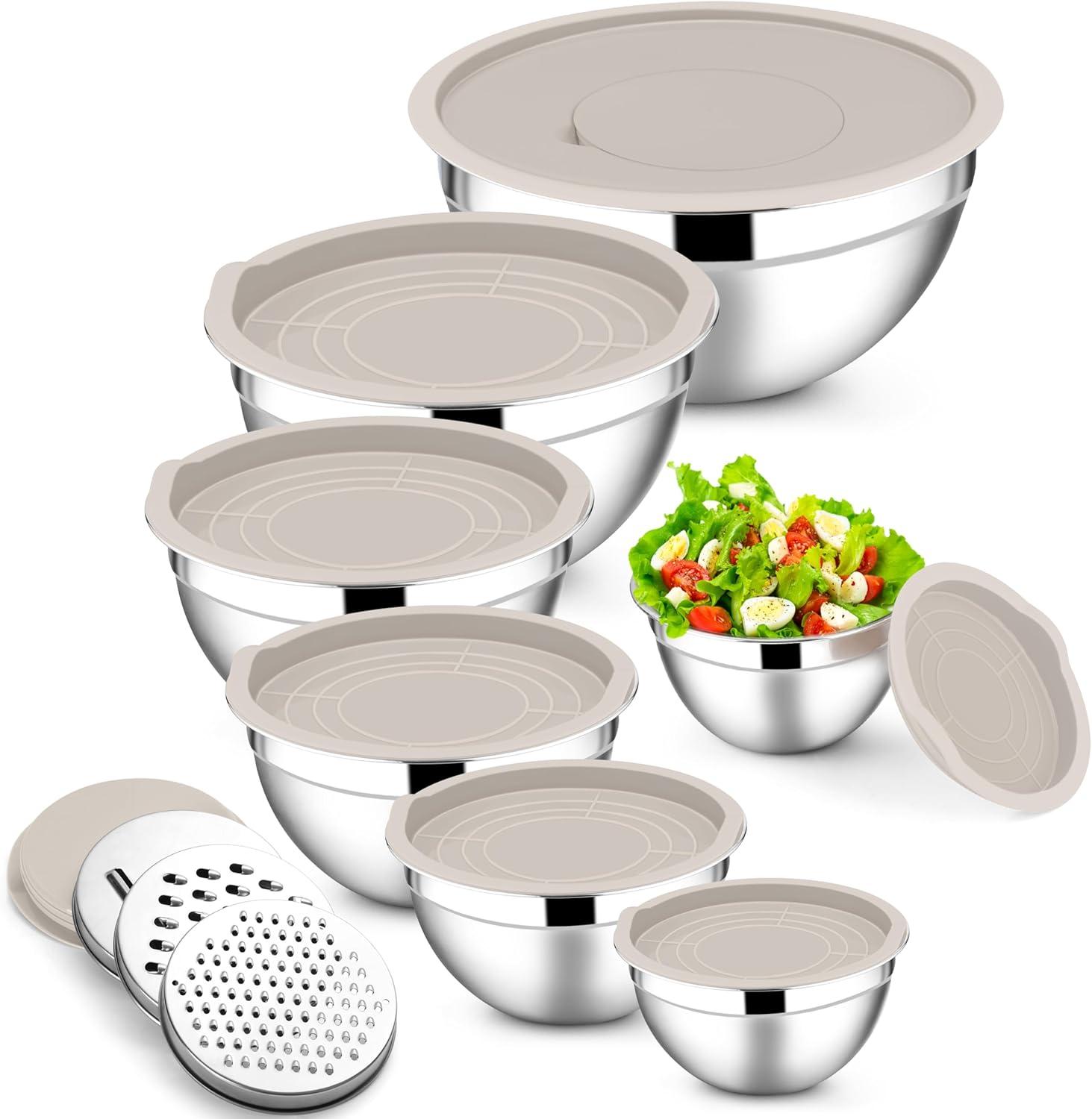 imageEfar Stainless Steel Mixing Bowls with Lids Set 5Piece Nesting Salad Bowls with 3 Grater Attachments and NonSlip Bottoms Size 46 26 2 15 1QT for Kitchen BlackKhaki