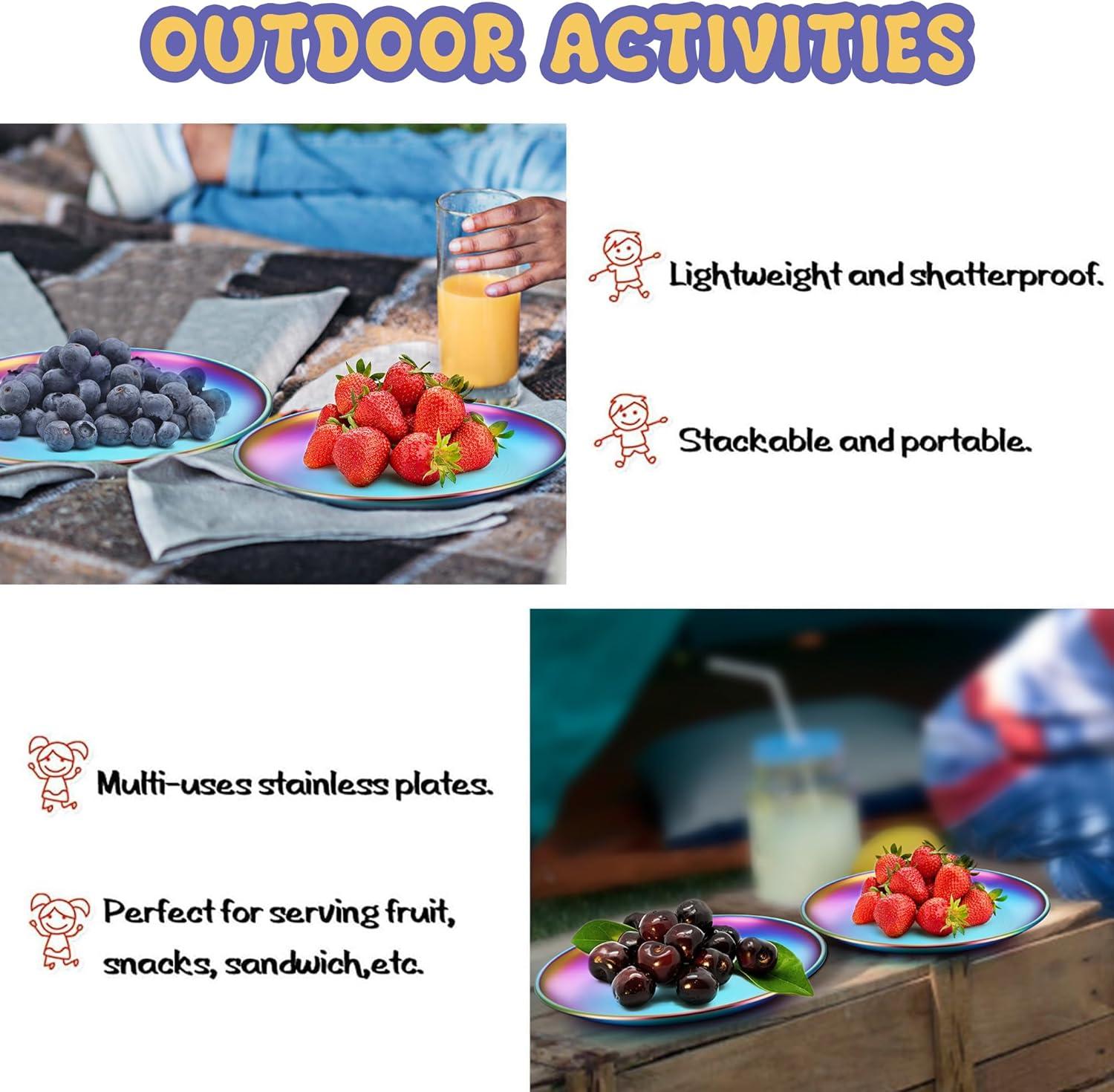 imageEfar Stainless Steel Plates Set of 4 8inch Metal Dinner Plates for Kids Toddlers Great for SelffeedingPicnicOutdoor Camping Healthy amp Nontoxic Shatterproof amp Dishwasher SafeRainbow