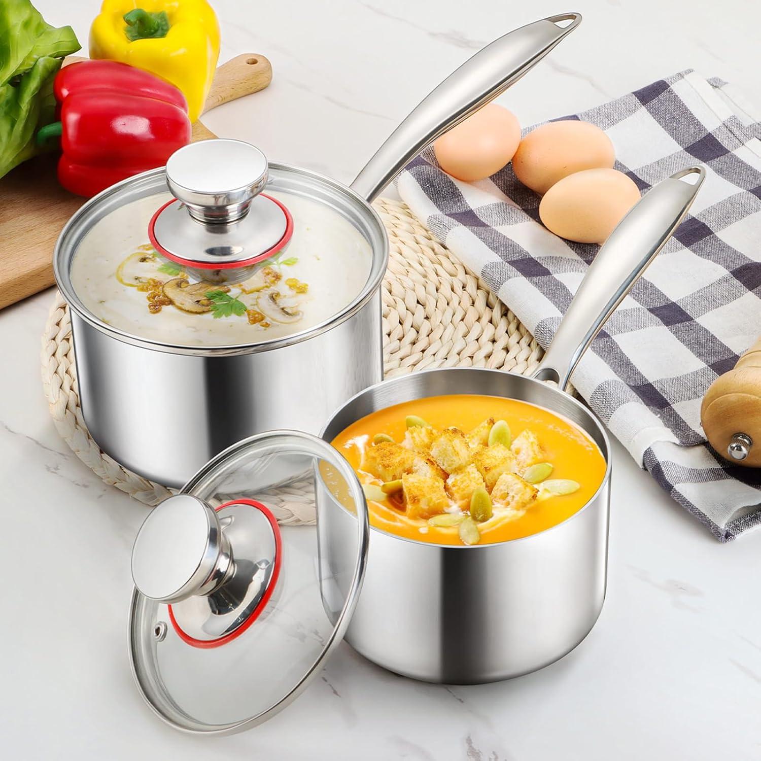 imageEfar Stainless Steel Saucepan Set 1Qt amp 2 Qt Triply Sauce Pan Pot with Lid for Cooking Pasta Warming Milk Boiling Water Small Metal Cookware for Kitchen Induction Ready amp Heavy Duty1QT 3QT