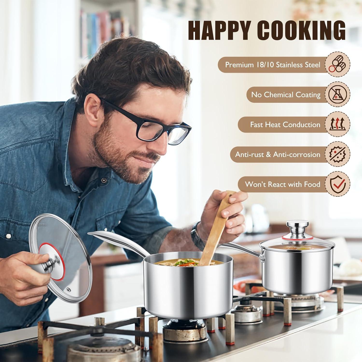 imageEfar Stainless Steel Saucepan Set 1Qt amp 2 Qt Triply Sauce Pan Pot with Lid for Cooking Pasta Warming Milk Boiling Water Small Metal Cookware for Kitchen Induction Ready amp Heavy Duty1QT 2QT 3QT