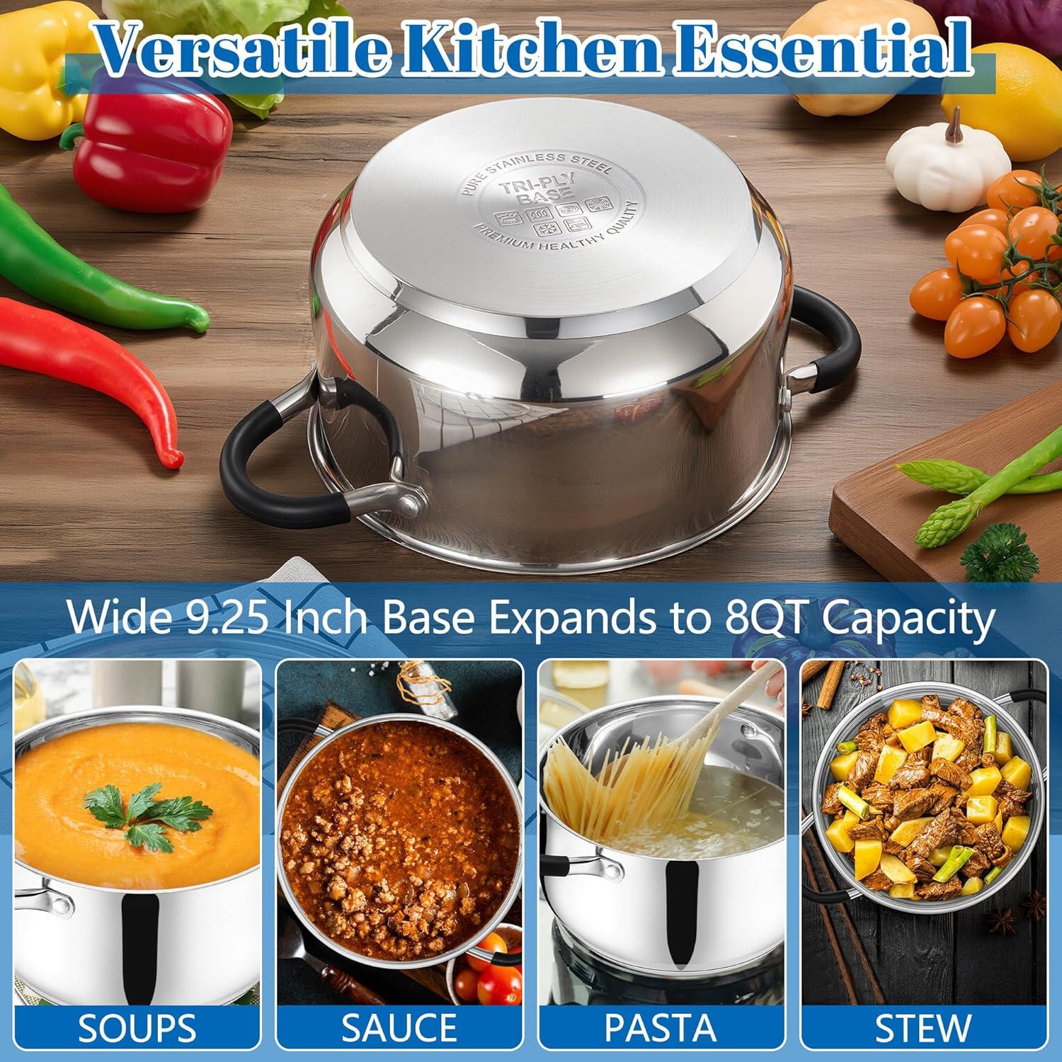 imageEfar Stainless Steel Stock Pot 8 Quart Large Cooking Pot with Glass Lid for Boiling Pasta Soup Sauce TriPly Induction Thick Base for All Stoves CoolTouch Handles amp Dishwasher Safe8 Quarts