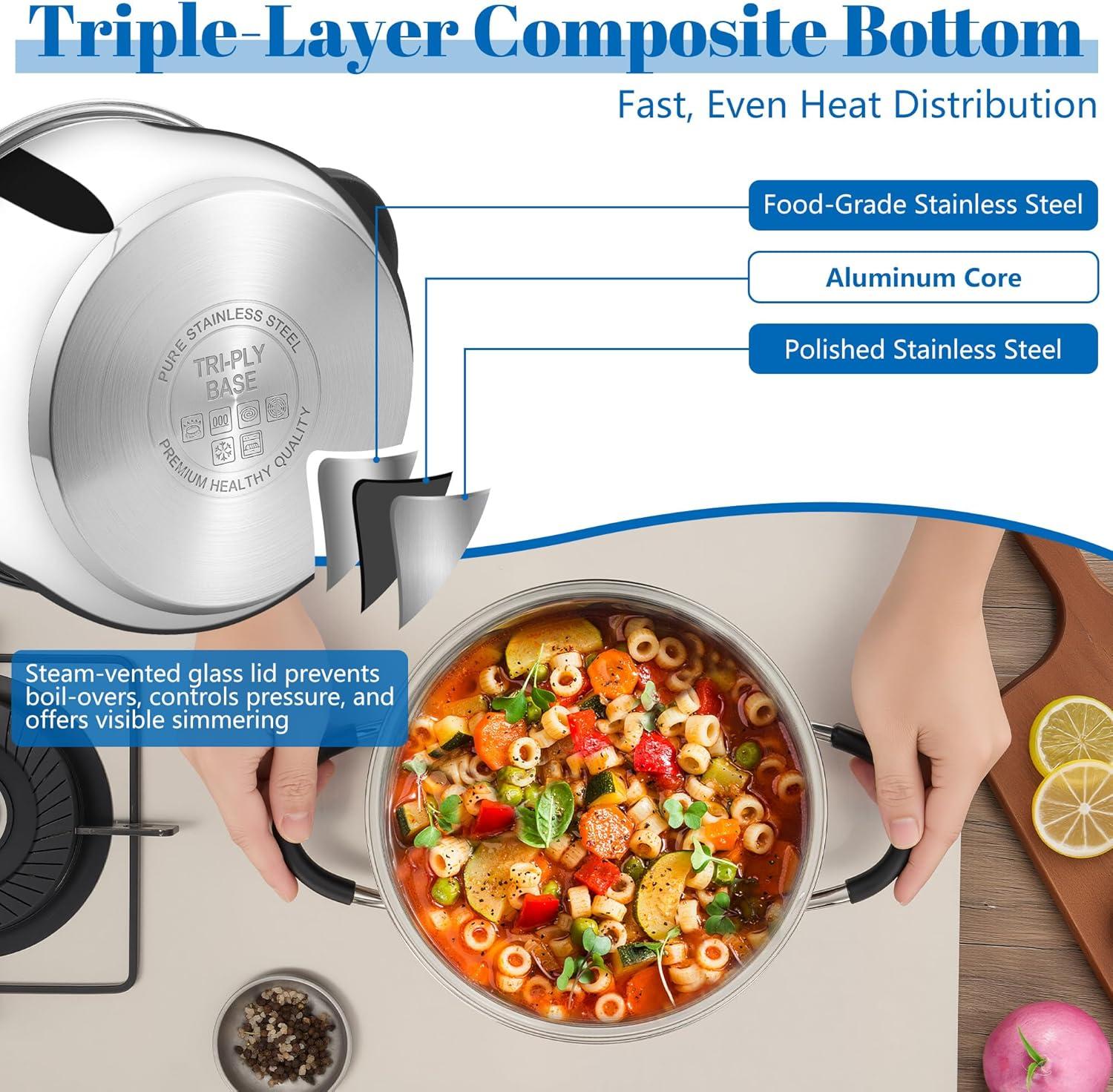 imageEfar Stainless Steel Stock Pot 8 Quart Large Cooking Pot with Glass Lid for Boiling Pasta Soup Sauce TriPly Induction Thick Base for All Stoves CoolTouch Handles amp Dishwasher Safe8 Quarts
