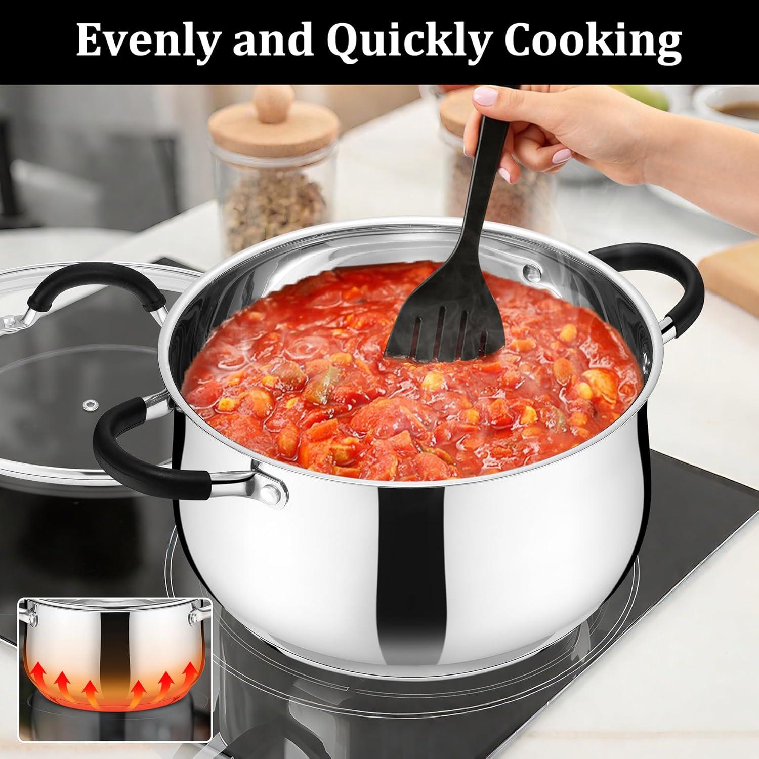 imageEfar Stainless Steel Stock Pot 8 Quart Large Cooking Pot with Glass Lid for Boiling Pasta Soup Sauce TriPly Induction Thick Base for All Stoves CoolTouch Handles amp Dishwasher Safe6 Quarts