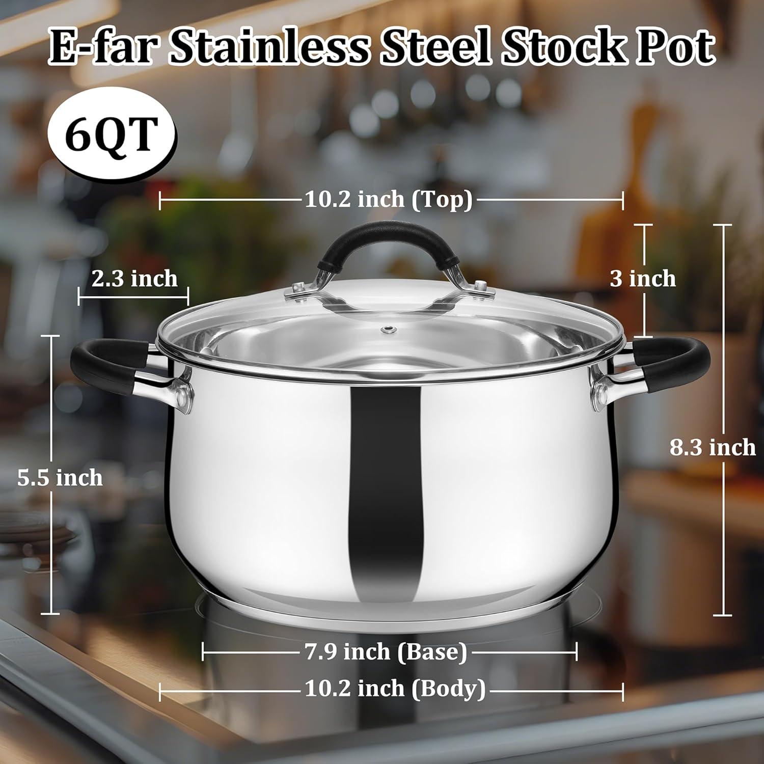 imageEfar Stainless Steel Stock Pot 8 Quart Large Cooking Pot with Glass Lid for Boiling Pasta Soup Sauce TriPly Induction Thick Base for All Stoves CoolTouch Handles amp Dishwasher Safe6 Quarts