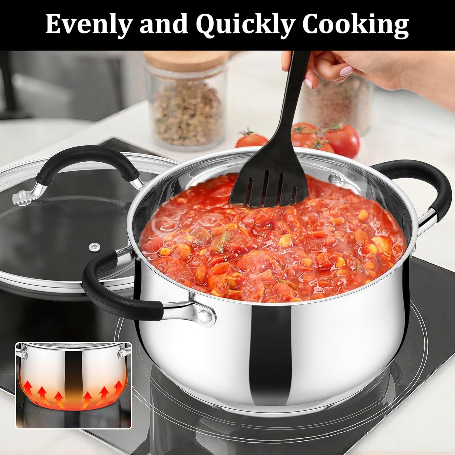 imageEfar Stainless Steel Stock Pot 8 Quart Large Cooking Pot with Glass Lid for Boiling Pasta Soup Sauce TriPly Induction Thick Base for All Stoves CoolTouch Handles amp Dishwasher Safe4 Quarts
