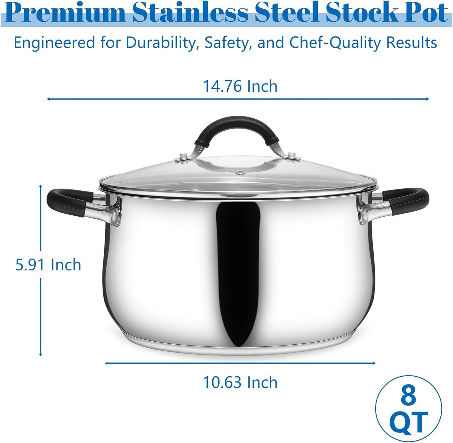 imageEfar Stainless Steel Stock Pot 8 Quart Large Cooking Pot with Glass Lid for Boiling Pasta Soup Sauce TriPly Induction Thick Base for All Stoves CoolTouch Handles amp Dishwasher Safe8 Quarts