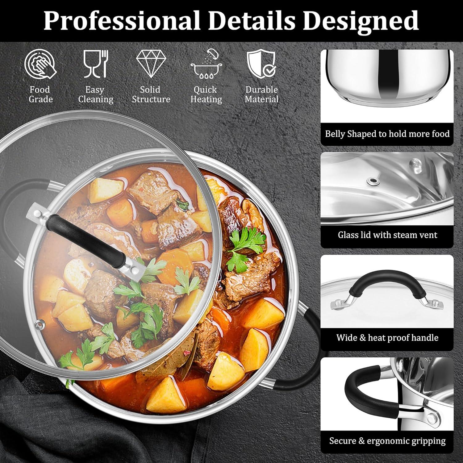 imageEfar Stainless Steel Stock Pot 8 Quart Large Cooking Pot with Glass Lid for Boiling Pasta Soup Sauce TriPly Induction Thick Base for All Stoves CoolTouch Handles amp Dishwasher Safe6 Quarts