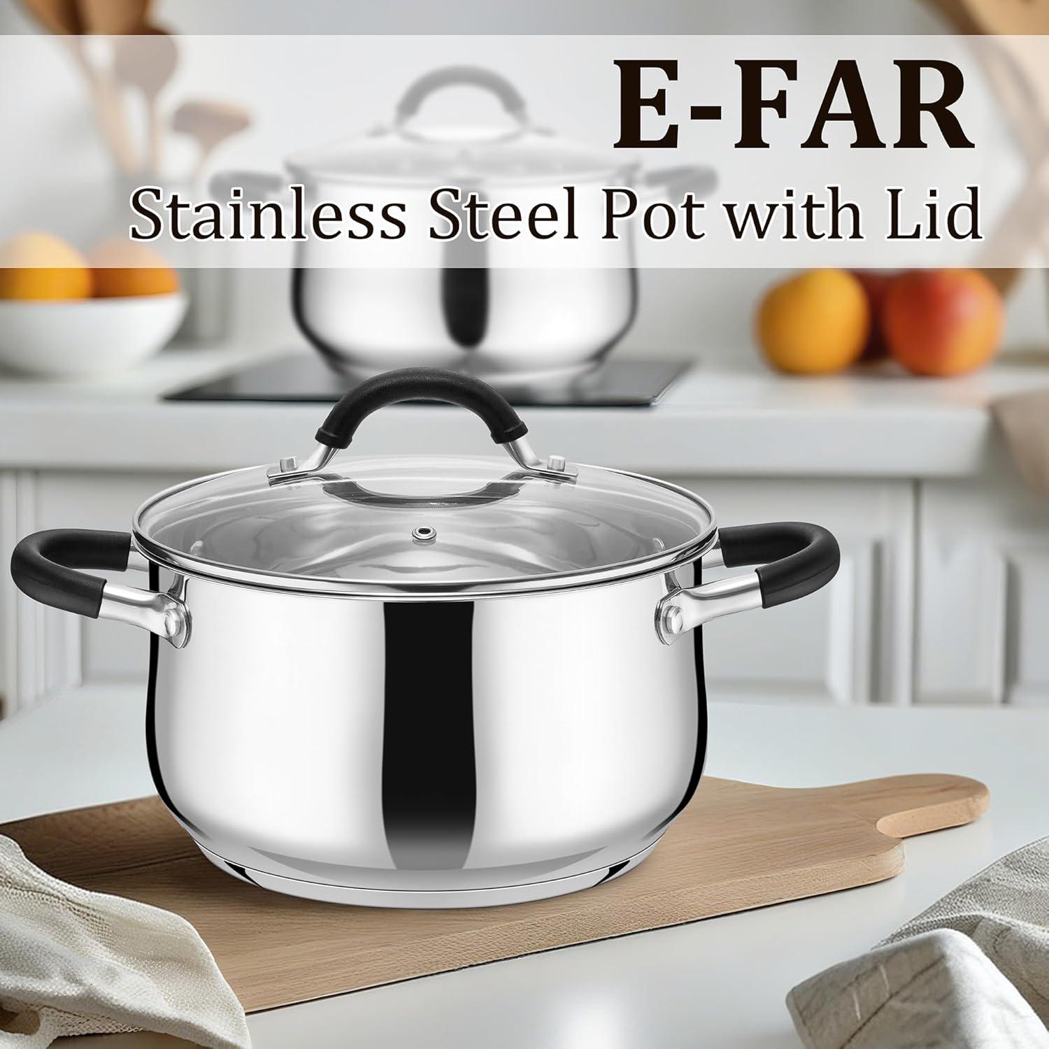 imageEfar Stainless Steel Stock Pot 8 Quart Large Cooking Pot with Glass Lid for Boiling Pasta Soup Sauce TriPly Induction Thick Base for All Stoves CoolTouch Handles amp Dishwasher Safe4 Quarts