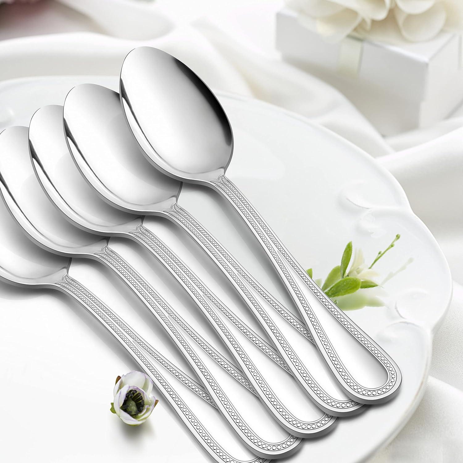 imageEfar Stainless Steel Teaspoons Set of 12 67 Inch Pearled Edge Small Dessert Tea Spoons Silverware for Home Kitchen and Restaurant Nontoxic Mirror Polished Dishwasher Safe79inches