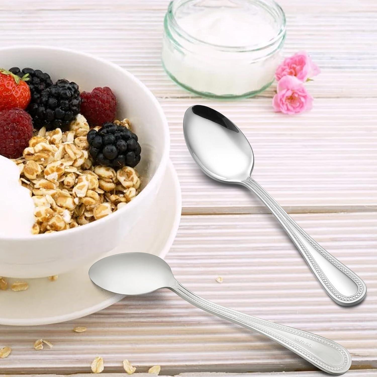 imageEfar Stainless Steel Teaspoons Set of 12 67 Inch Pearled Edge Small Dessert Tea Spoons Silverware for Home Kitchen and Restaurant Nontoxic Mirror Polished Dishwasher Safe67inches