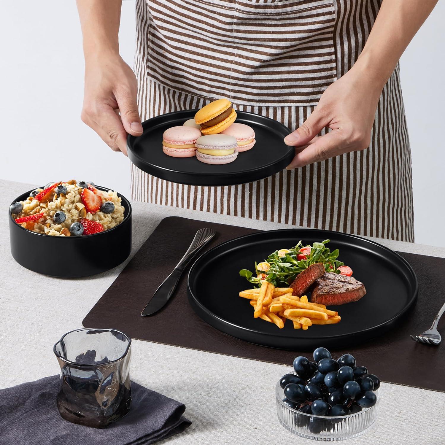 imageEfar Stoneware Dinnerware Sets for 4 12Piece Reactive Glaze Plates and Bowls Sets Kitchen Ceramic Dishes Dinning Ware Microwave amp Dishwasher Safe Deep GrayMatte Black
