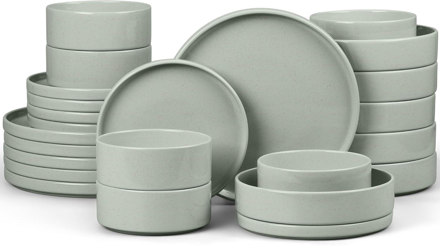 imageEfar Stoneware Dinnerware Sets for 4 12Piece Reactive Glaze Plates and Bowls Sets Kitchen Ceramic Dishes Dinning Ware Microwave amp Dishwasher Safe Deep GrayMist Green