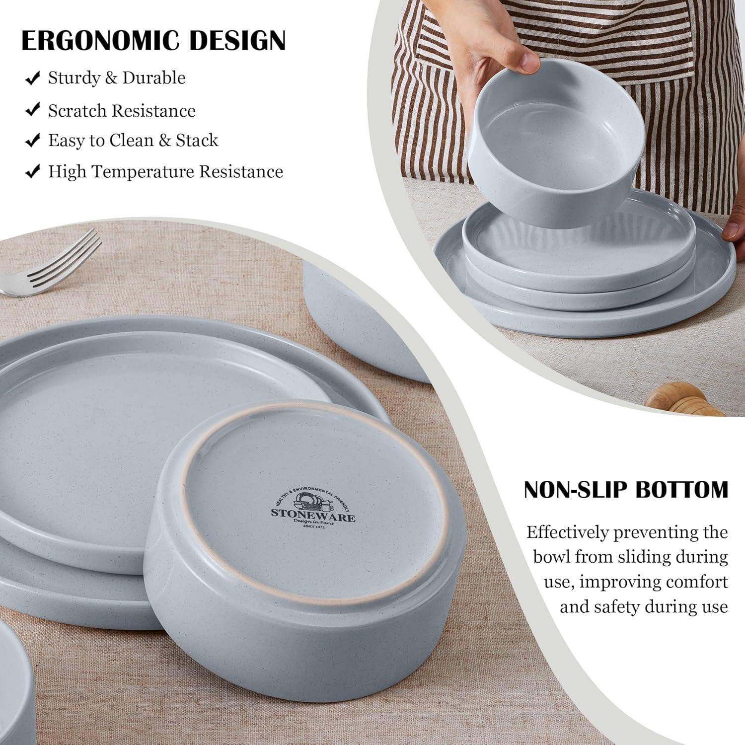 imageEfar Stoneware Dinnerware Sets for 4 12Piece Reactive Glaze Plates and Bowls Sets Kitchen Ceramic Dishes Dinning Ware Microwave amp Dishwasher Safe Deep GrayHaze Gray