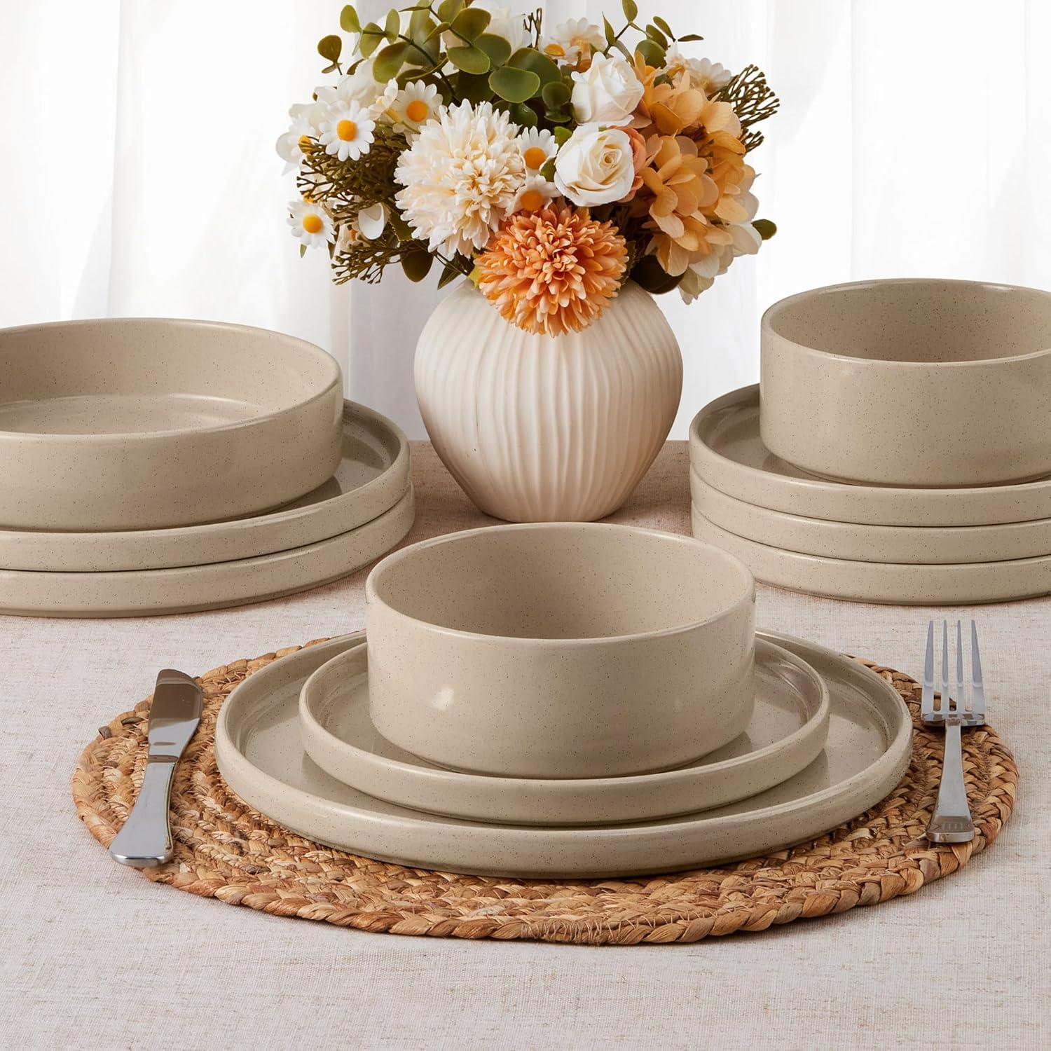 imageEfar Stoneware Dinnerware Sets for 4 12Piece Reactive Glaze Plates and Bowls Sets Kitchen Ceramic Dishes Dinning Ware Microwave amp Dishwasher Safe Deep GrayBright Khaki
