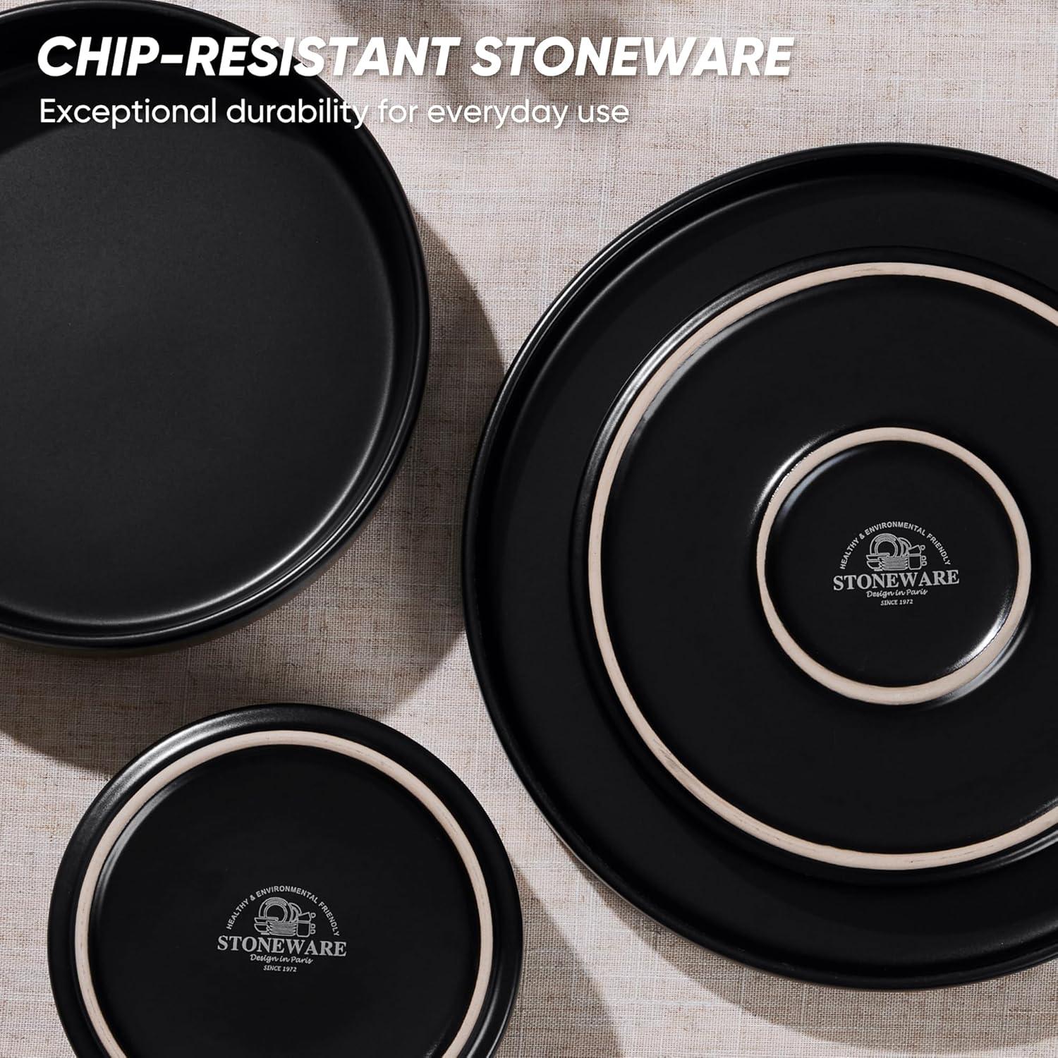 imageEfar Stoneware Dinnerware Sets for 4 12Piece Reactive Glaze Plates and Bowls Sets Kitchen Ceramic Dishes Dinning Ware Microwave amp Dishwasher Safe Deep GrayMatte Black