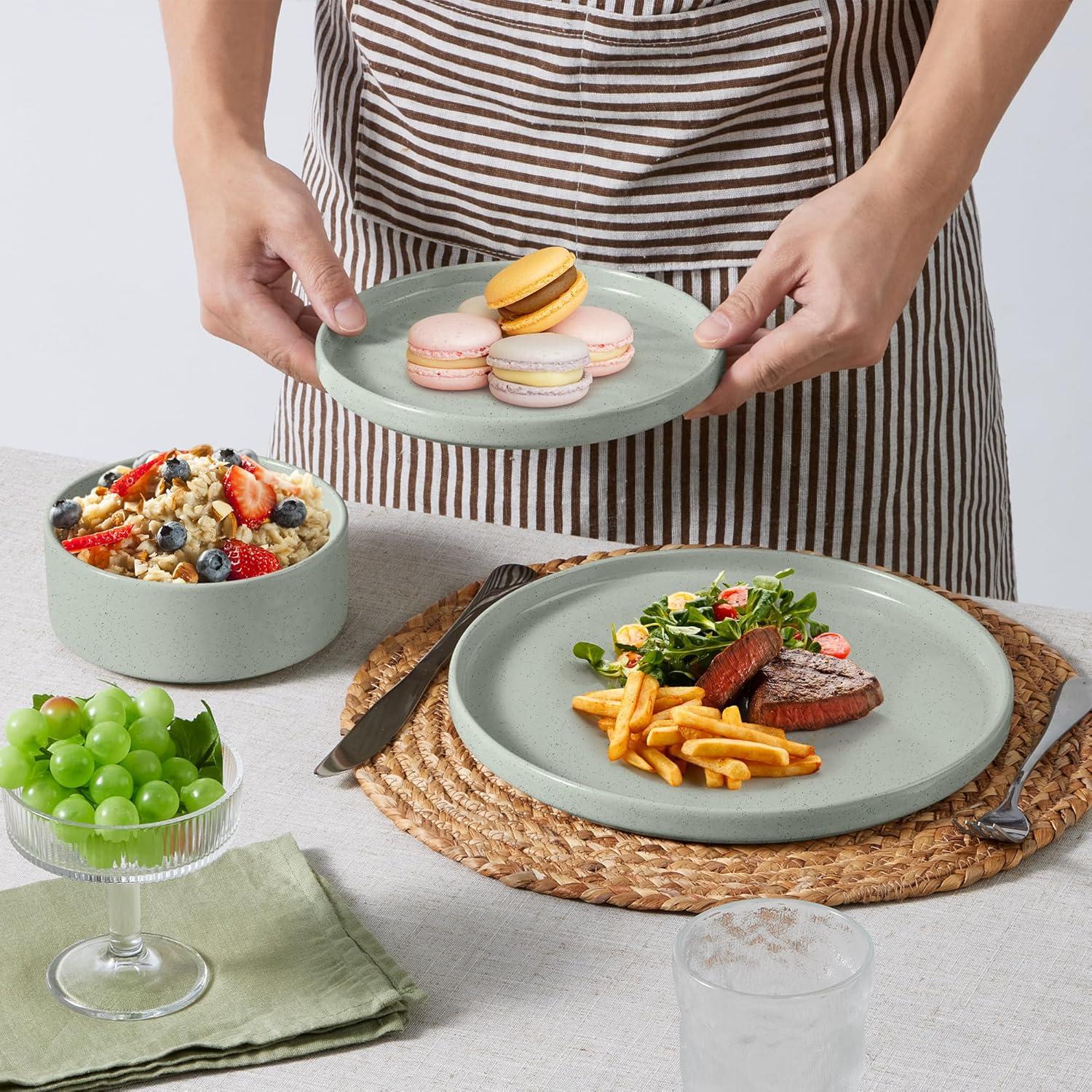 imageEfar Stoneware Dinnerware Sets for 4 12Piece Reactive Glaze Plates and Bowls Sets Kitchen Ceramic Dishes Dinning Ware Microwave amp Dishwasher Safe Deep GrayMist Green