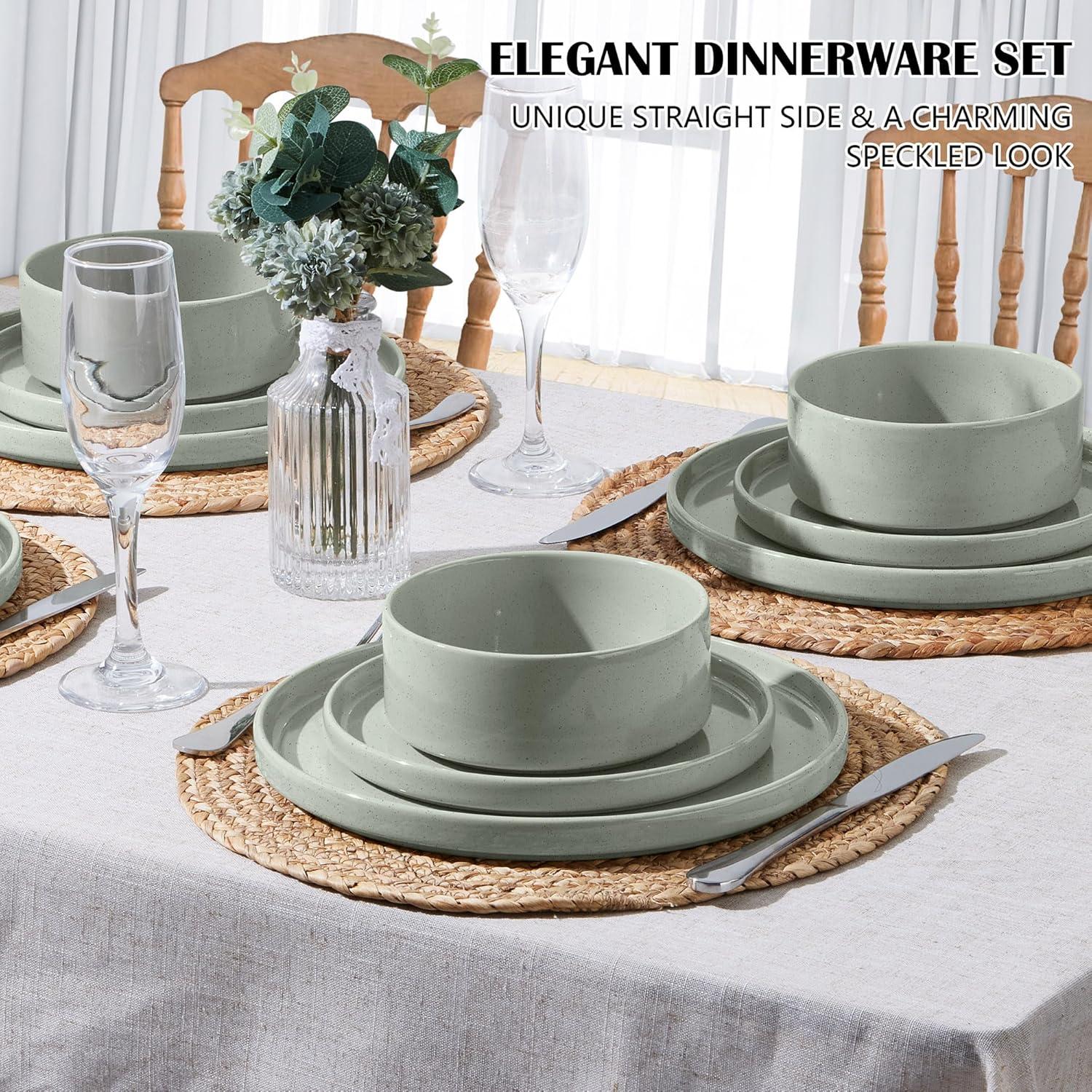 imageEfar Stoneware Dinnerware Sets for 4 12Piece Reactive Glaze Plates and Bowls Sets Kitchen Ceramic Dishes Dinning Ware Microwave amp Dishwasher Safe Deep GrayMist Green