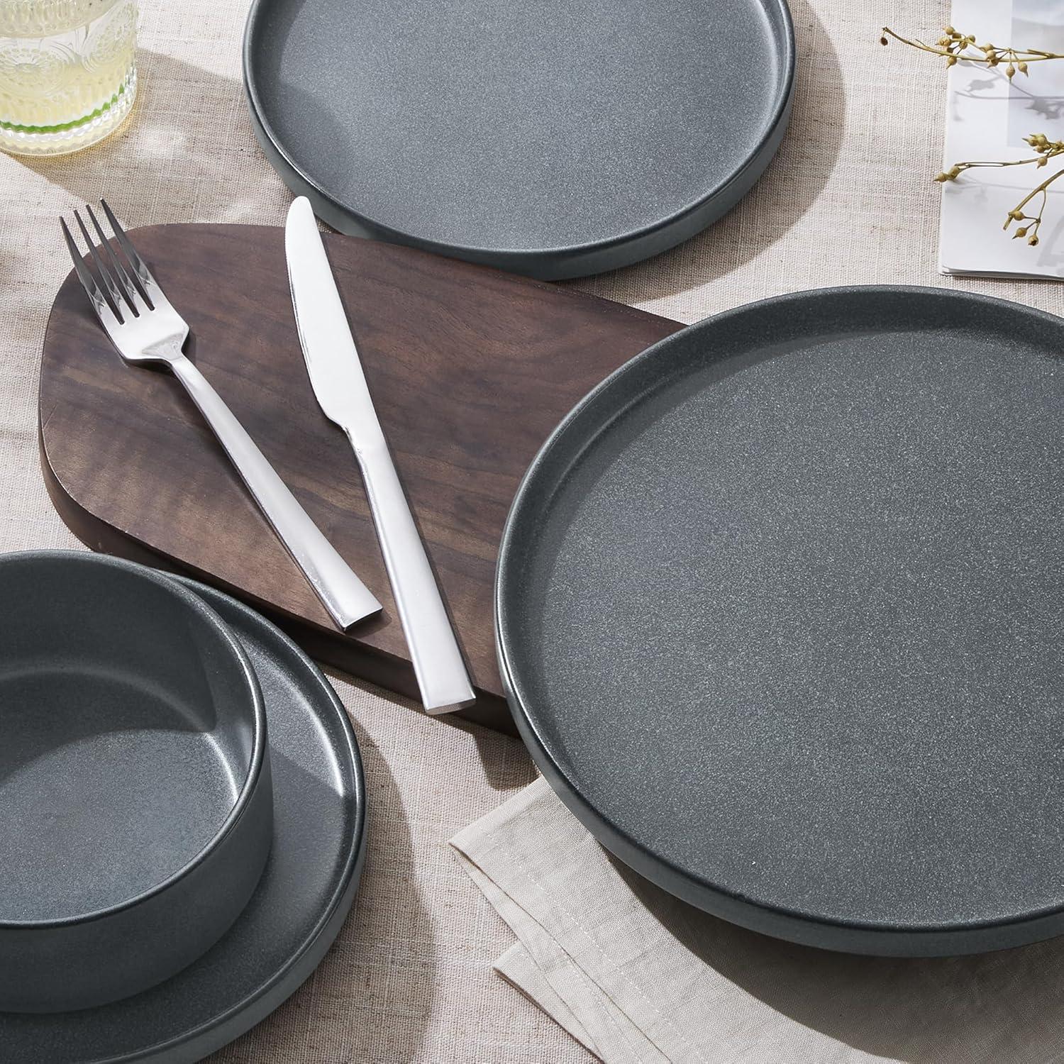 imageEfar Stoneware Dinnerware Sets for 4 12Piece Reactive Glaze Plates and Bowls Sets Kitchen Ceramic Dishes Dinning Ware Microwave amp Dishwasher Safe Deep GrayDeep Gray